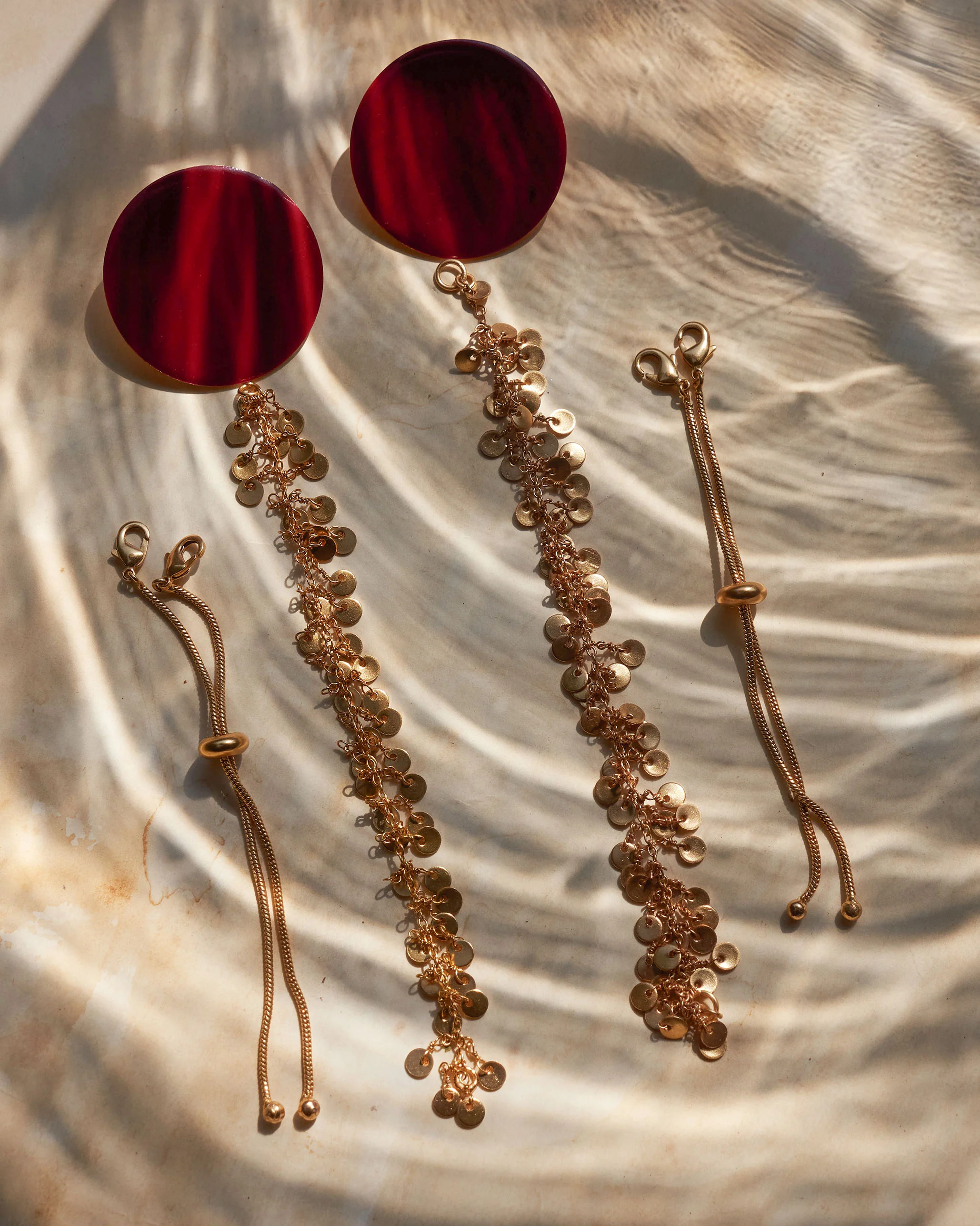 Dot Earrings & Jhilmil Ear Chain - Red & Gold - Image 7