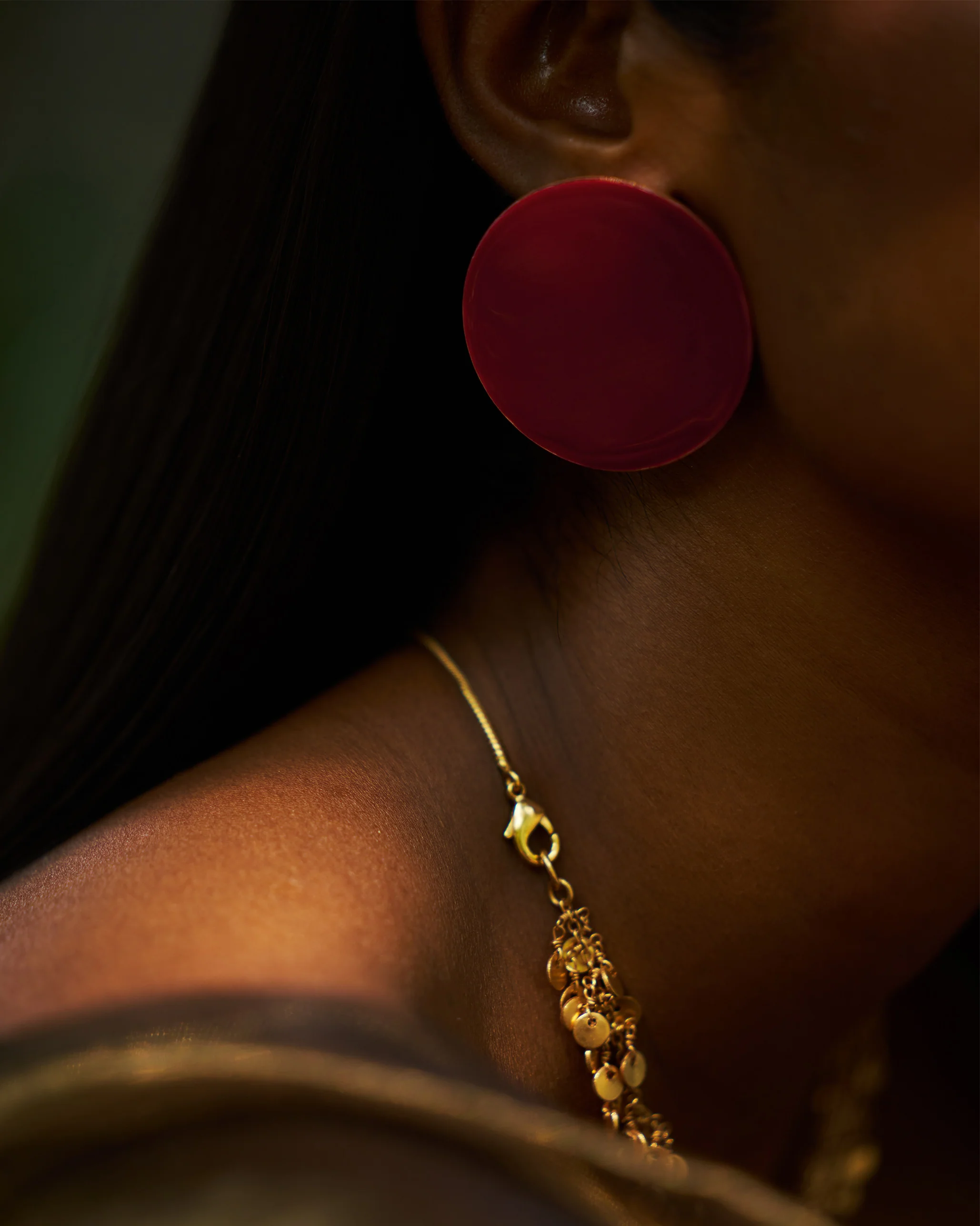 Dot Earrings & Jhilmil Ear Chain - Red & Gold - Image 8