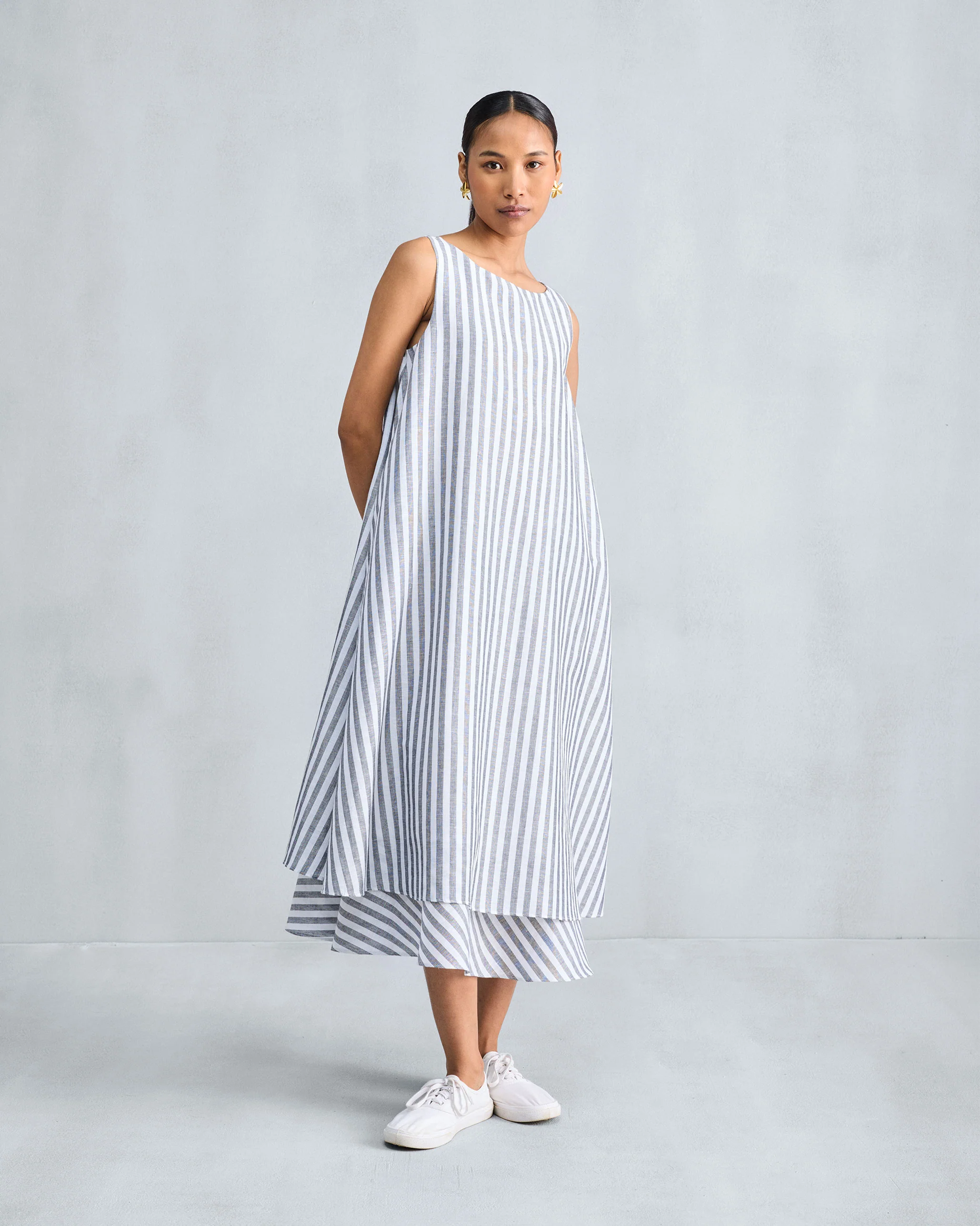 Double Layer Dress - Charcoal & White Stripes