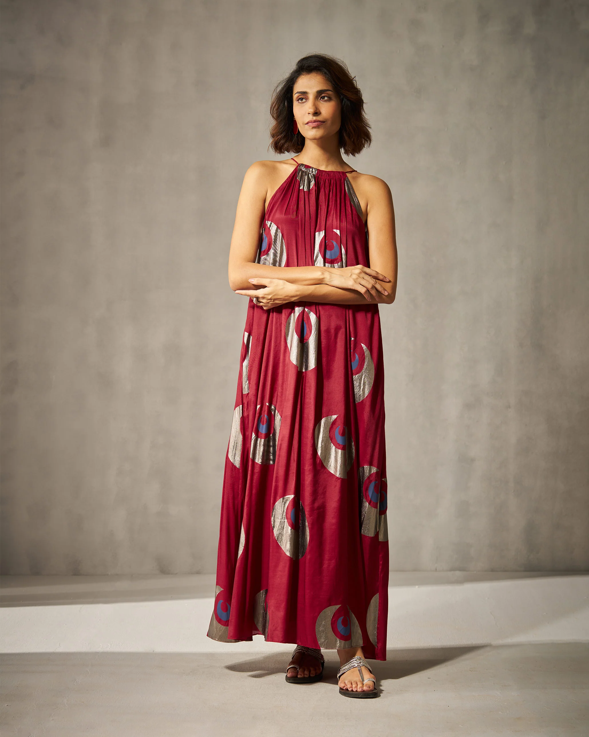 Drawstring Halter Dress - Red & Navy Print - Image 2