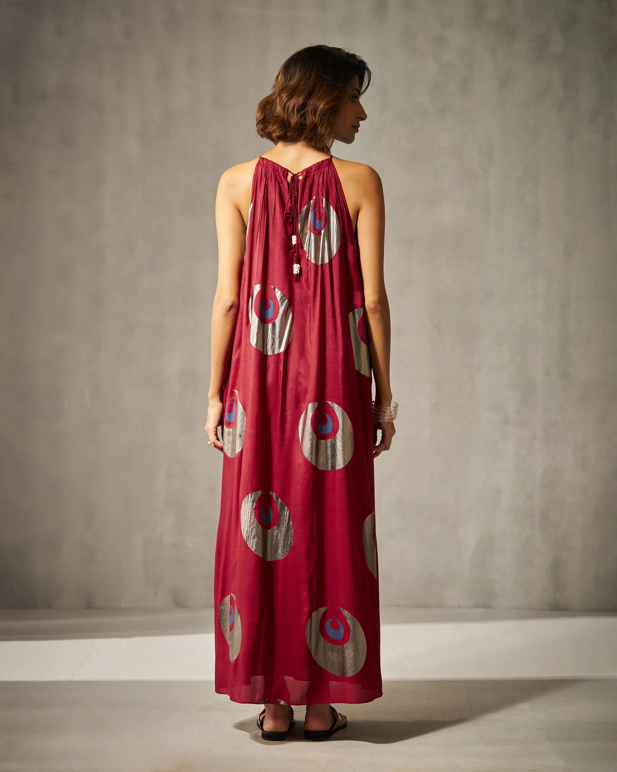 Drawstring Halter Dress - Red & Navy Print - Image 3