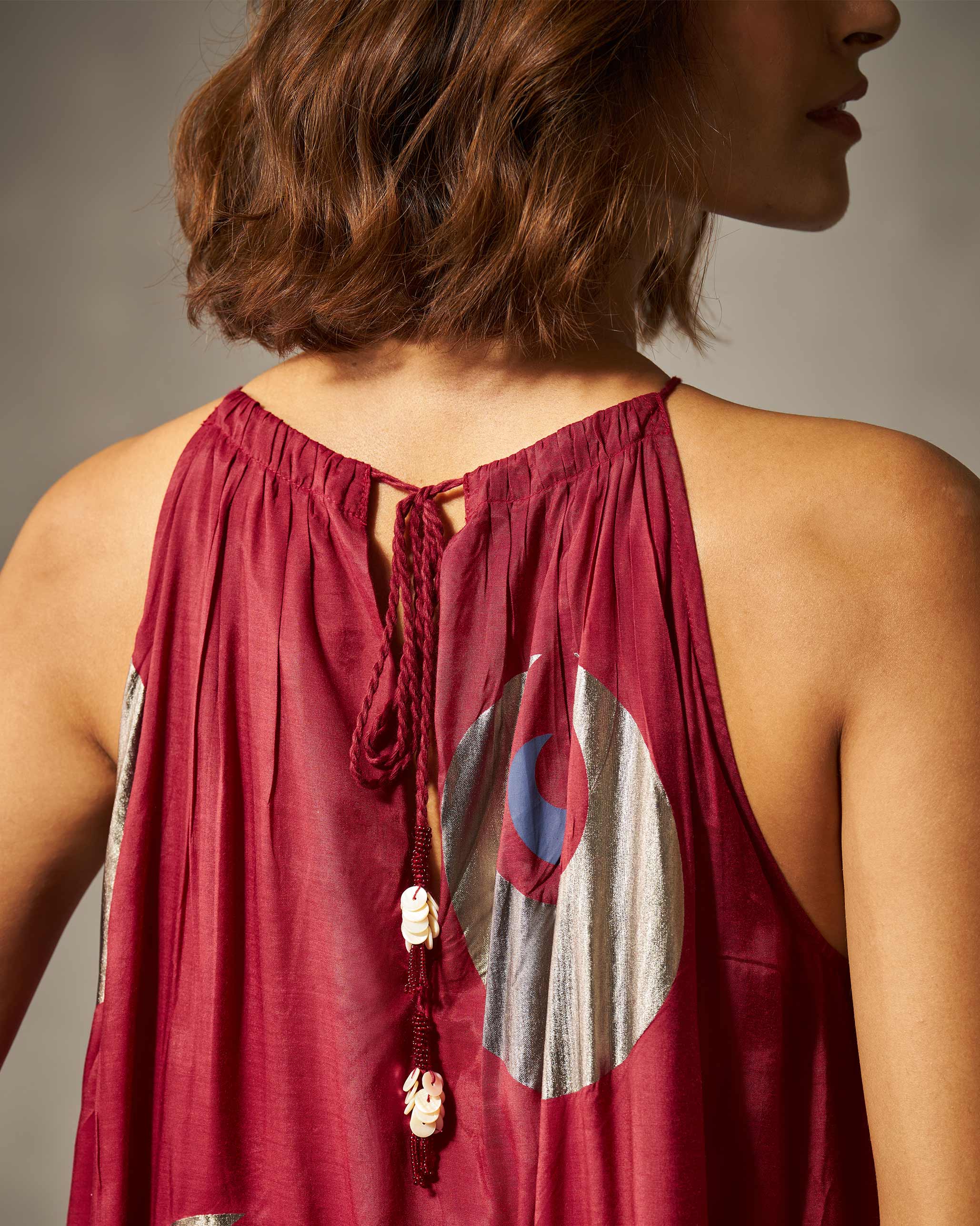 Drawstring Halter Dress - Red & Navy Print - Image 4
