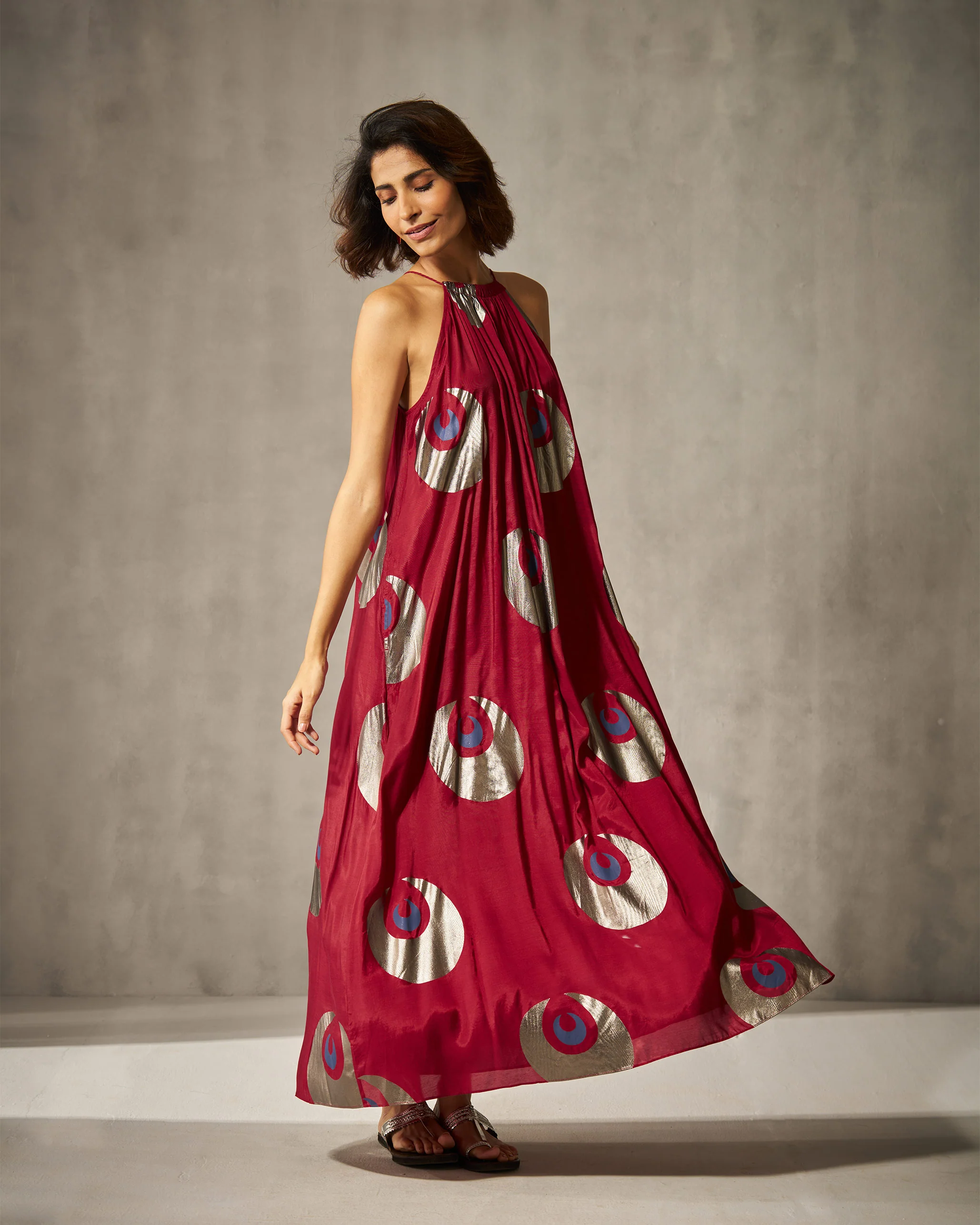 Drawstring Halter Dress - Red & Navy Print - Image 5