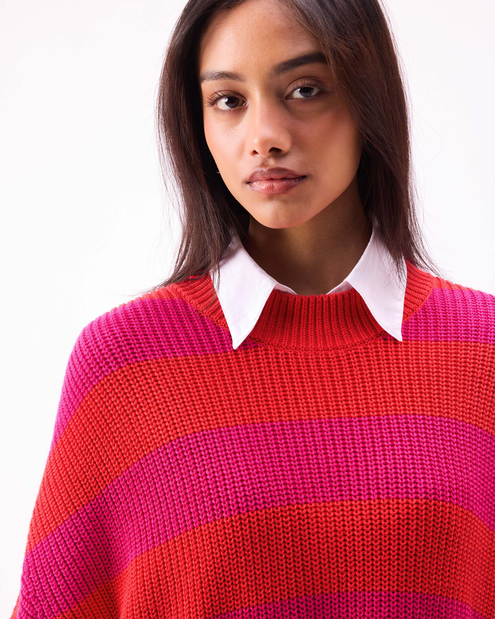 Dream High-low Hem Sweater - Fuchsia & Bright Red Stripes - Image 2