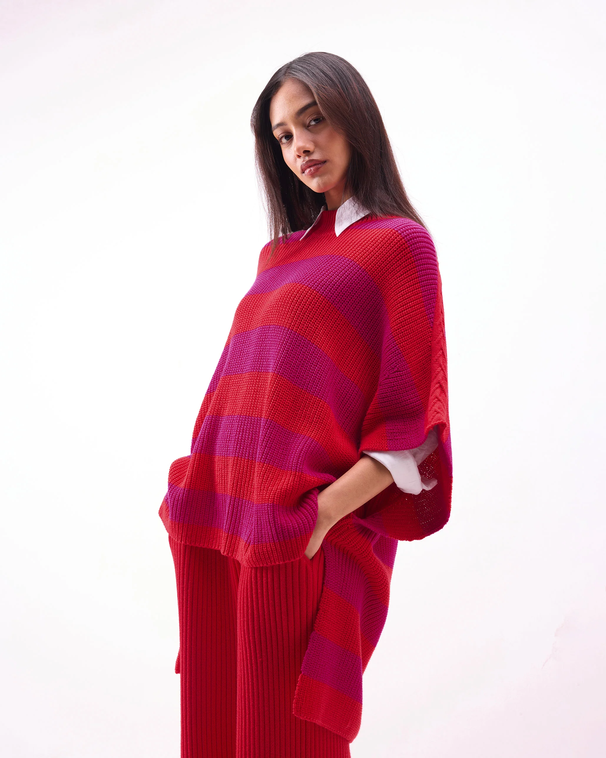 Dream High-low Hem Sweater - Fuchsia & Bright Red Stripes - Image 5