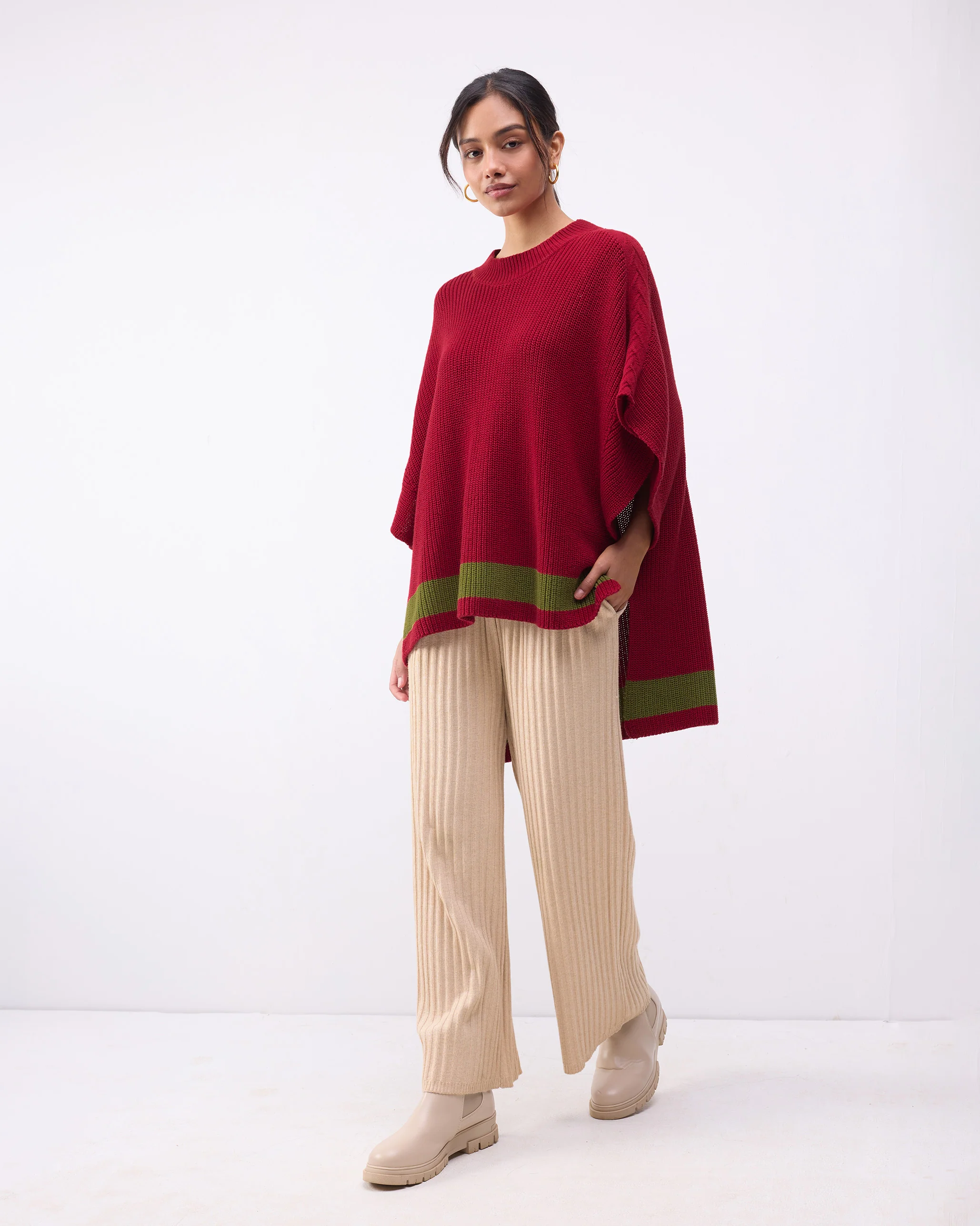 Dream High-low Hem Sweater - Red & Green Stripes - Image 8