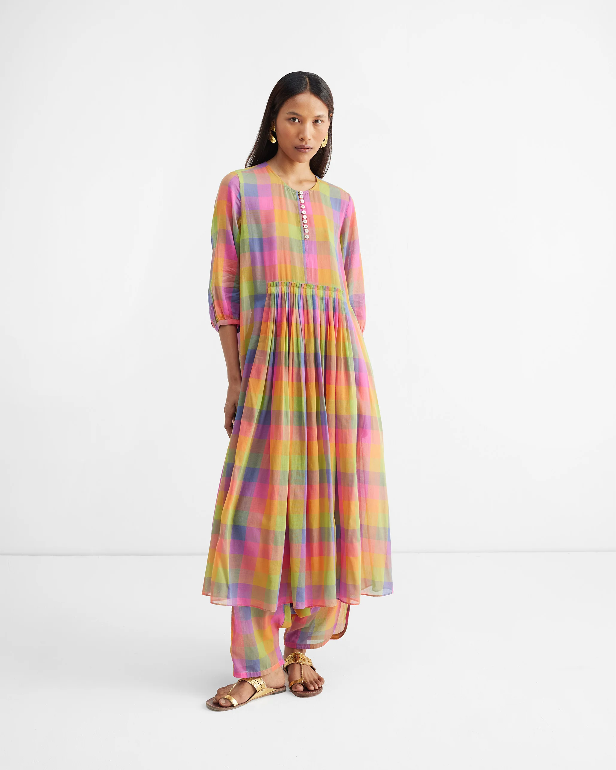 Pleated Waist Kurta - Multi Color Checks - Image 8