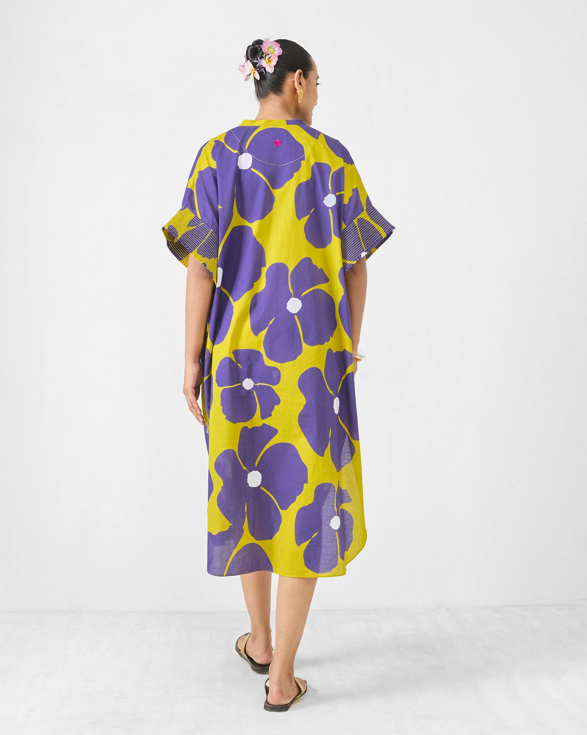Elara Smocked Sleeve Kaftan - Purple & Chartreuse Printed - Image 2