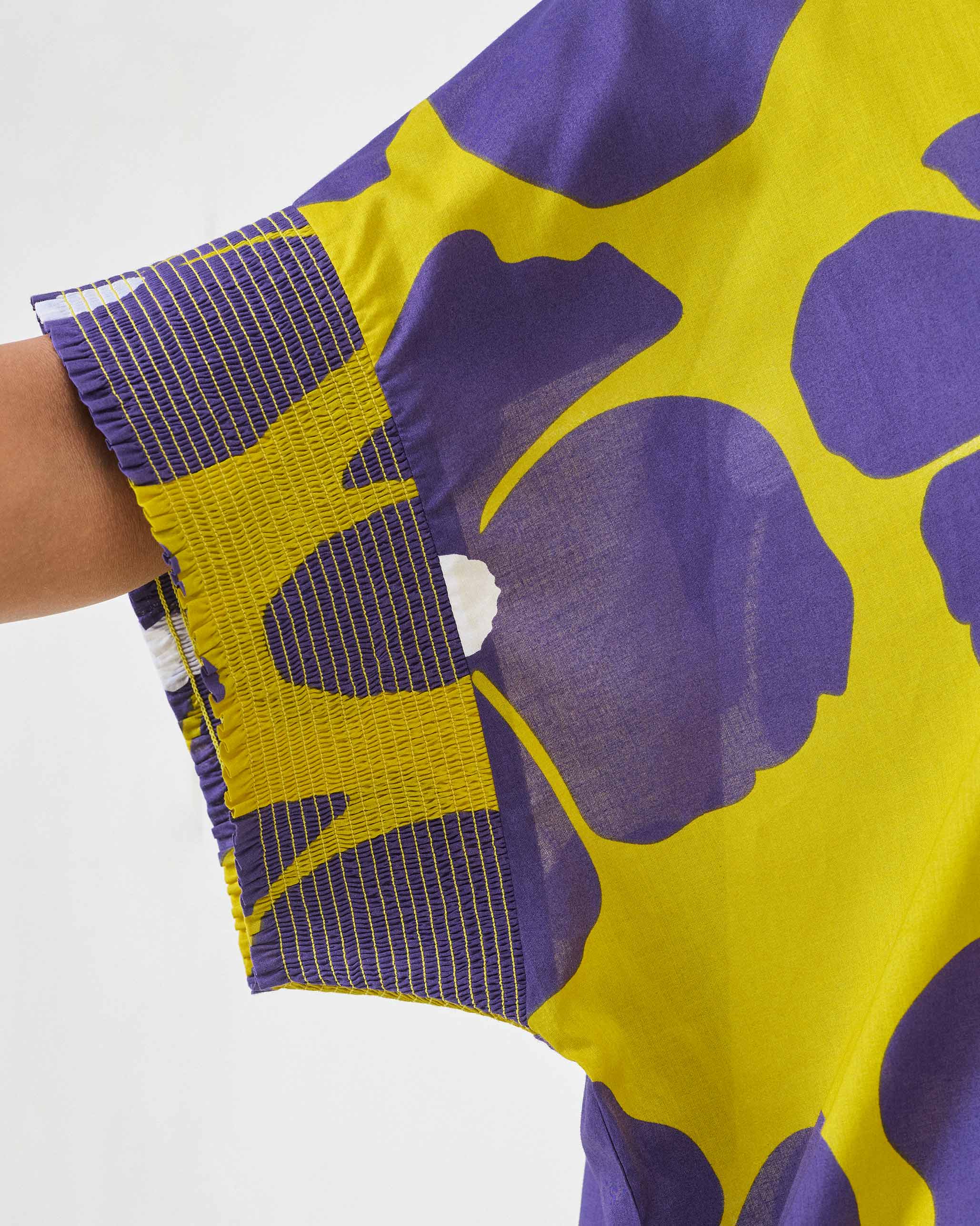 Elara Smocked Sleeve Kaftan - Purple & Chartreuse Printed - Image 3