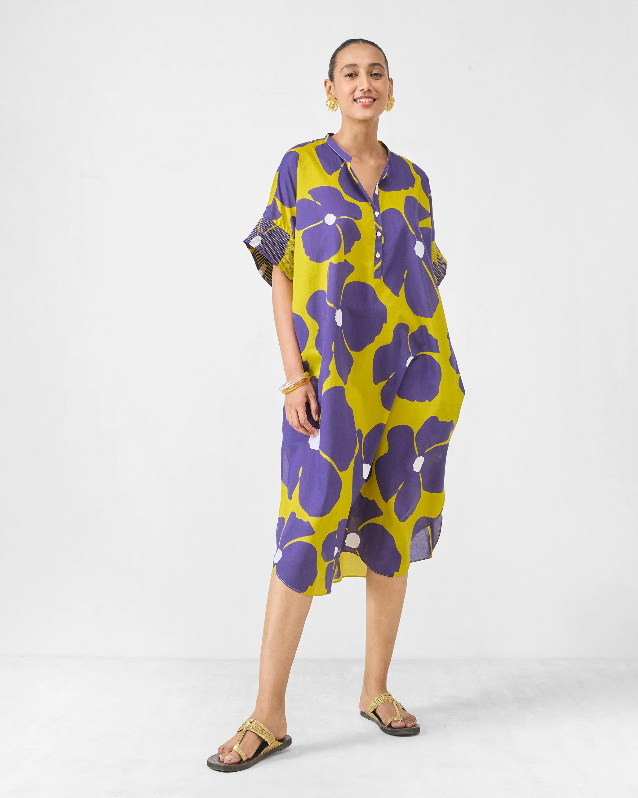 Elara Smocked Sleeve Kaftan - Purple & Chartreuse Printed - Image 5