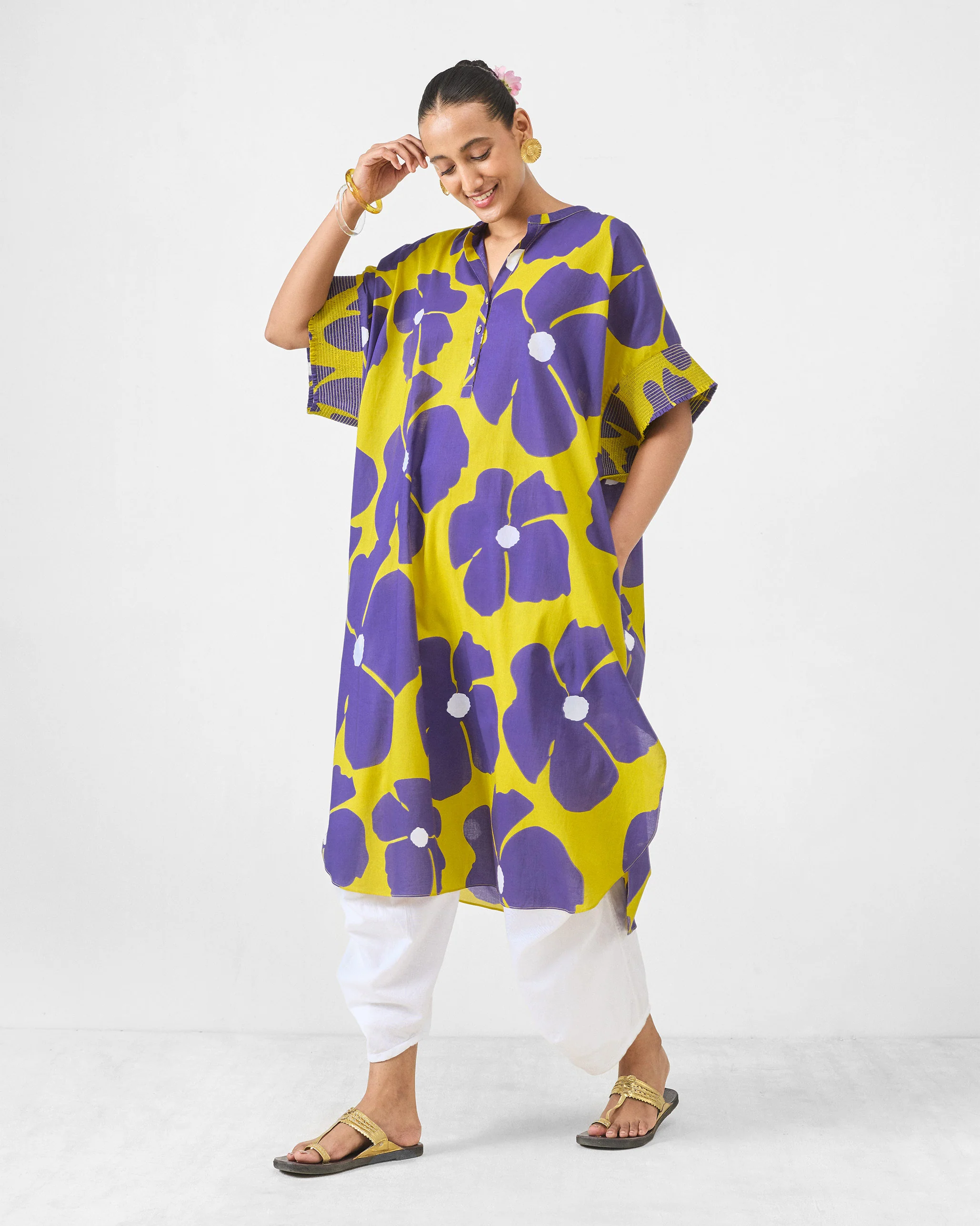 Elara Smocked Sleeve Kaftan - Purple & Chartreuse Printed - Image 6