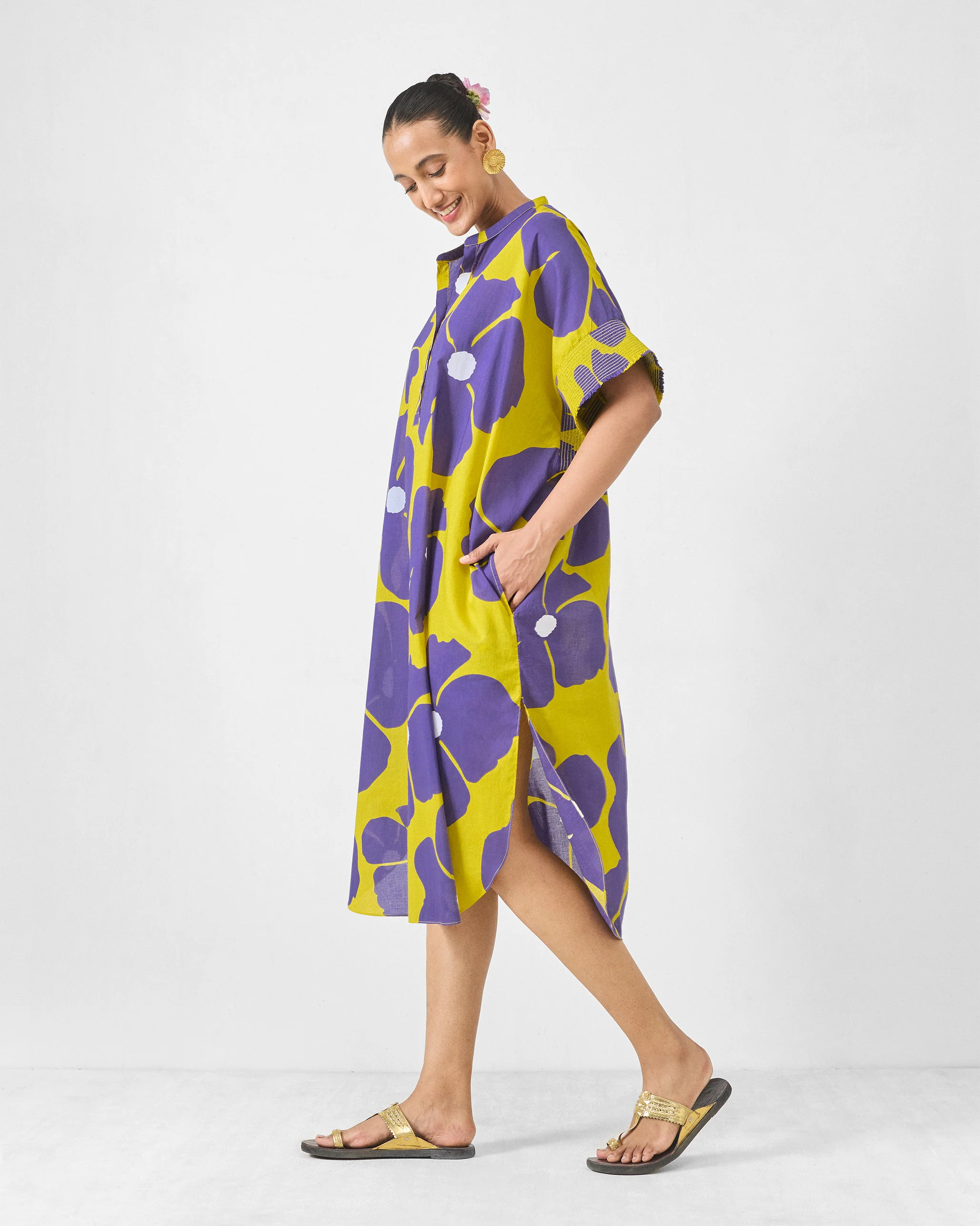 Elara Smocked Sleeve Kaftan - Purple & Chartreuse Printed - Image 7