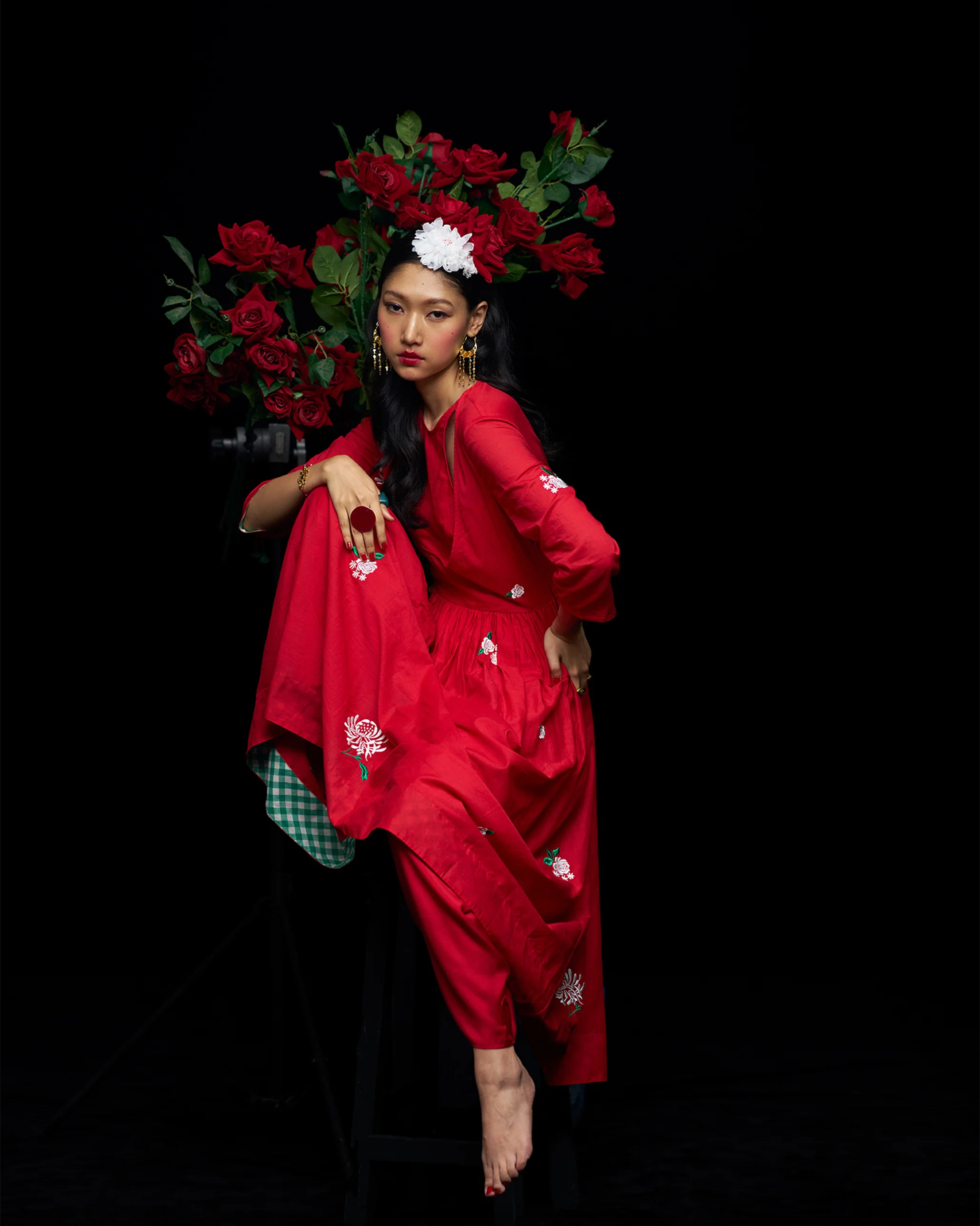 Fit & Flare Angrakha - Red & Ivory Embroidered - Image 2