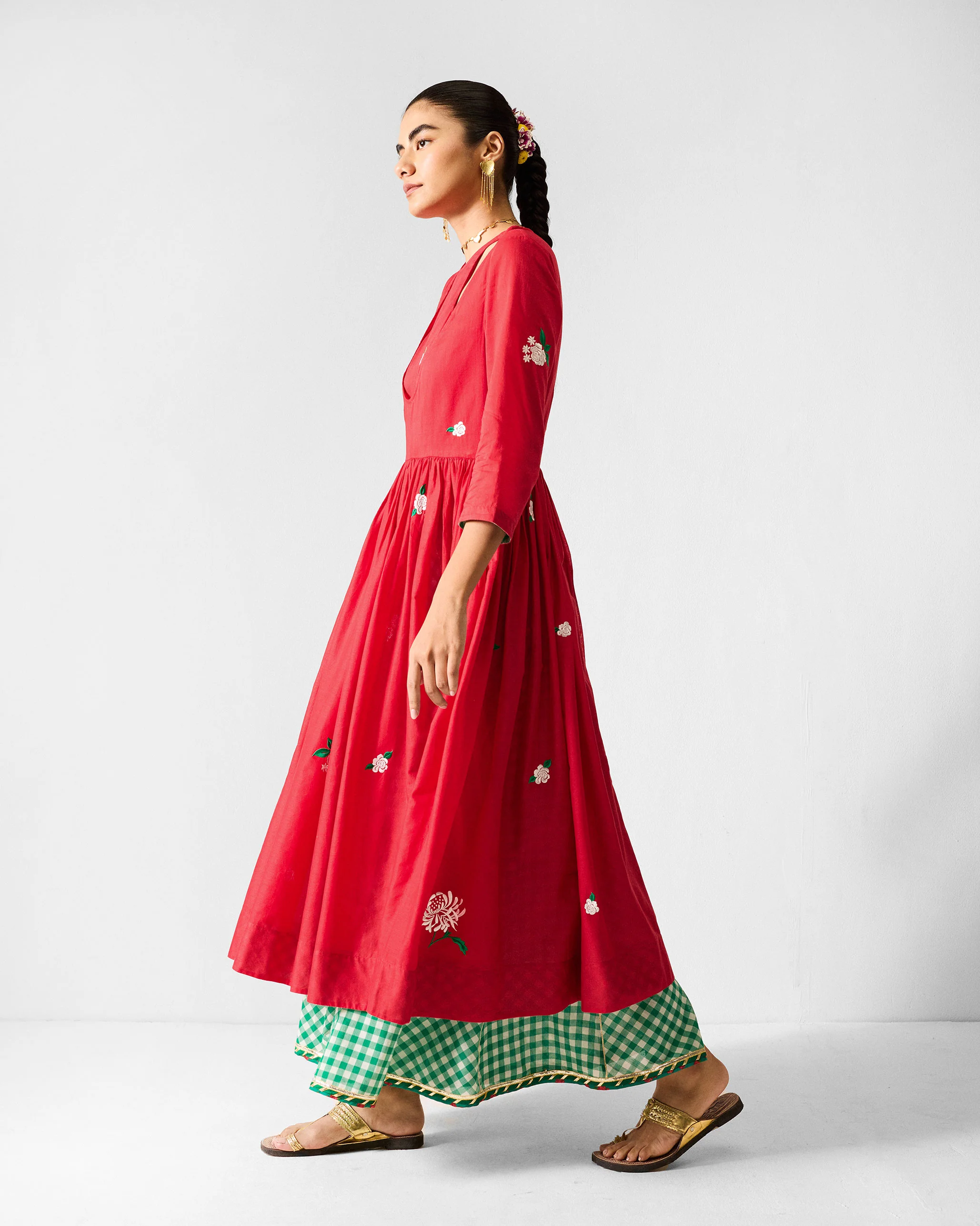 Fit & Flare Angrakha - Red & Ivory Embroidered - Image 4