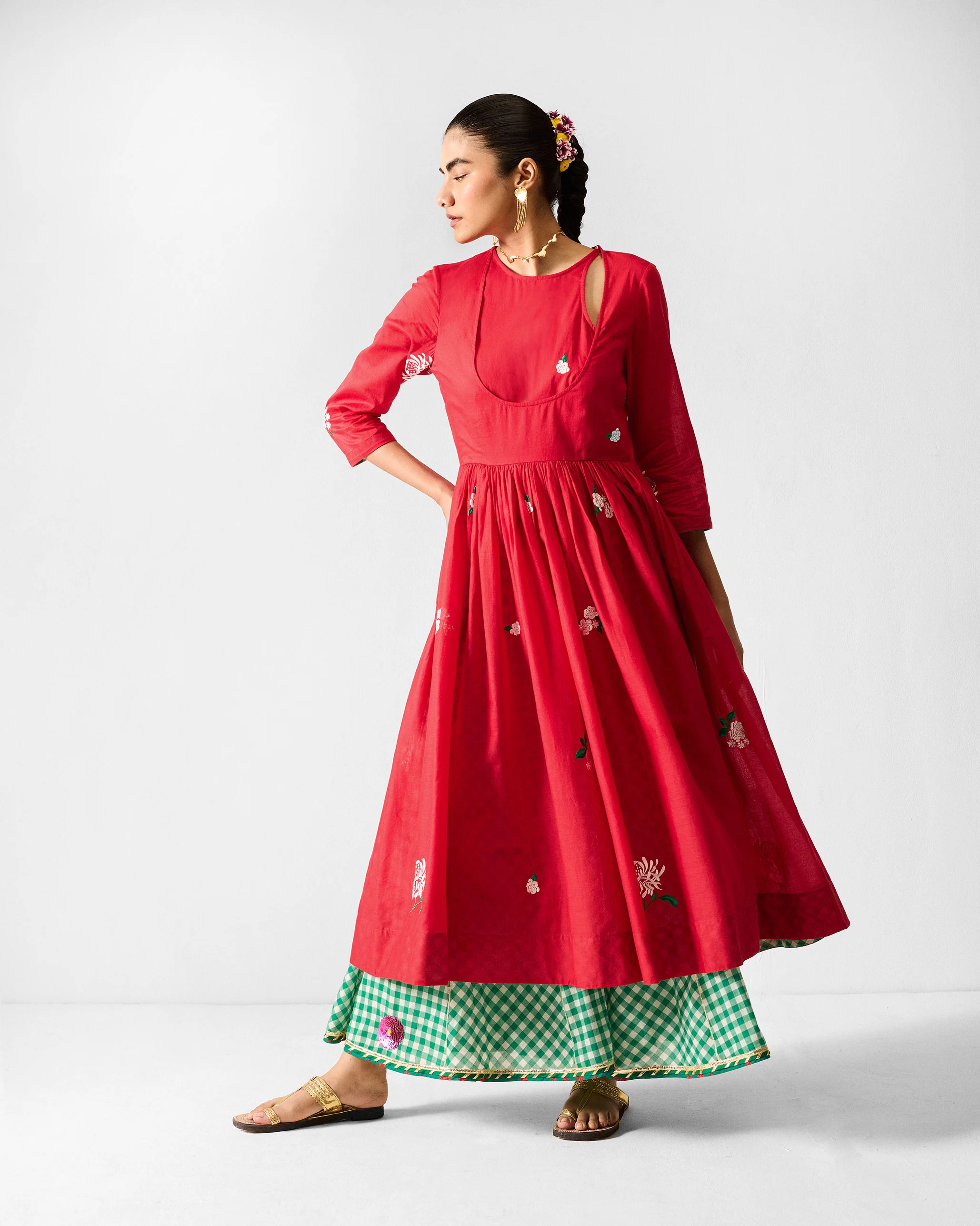 Fit & Flare Angrakha - Red & Ivory Embroidered - Image 5