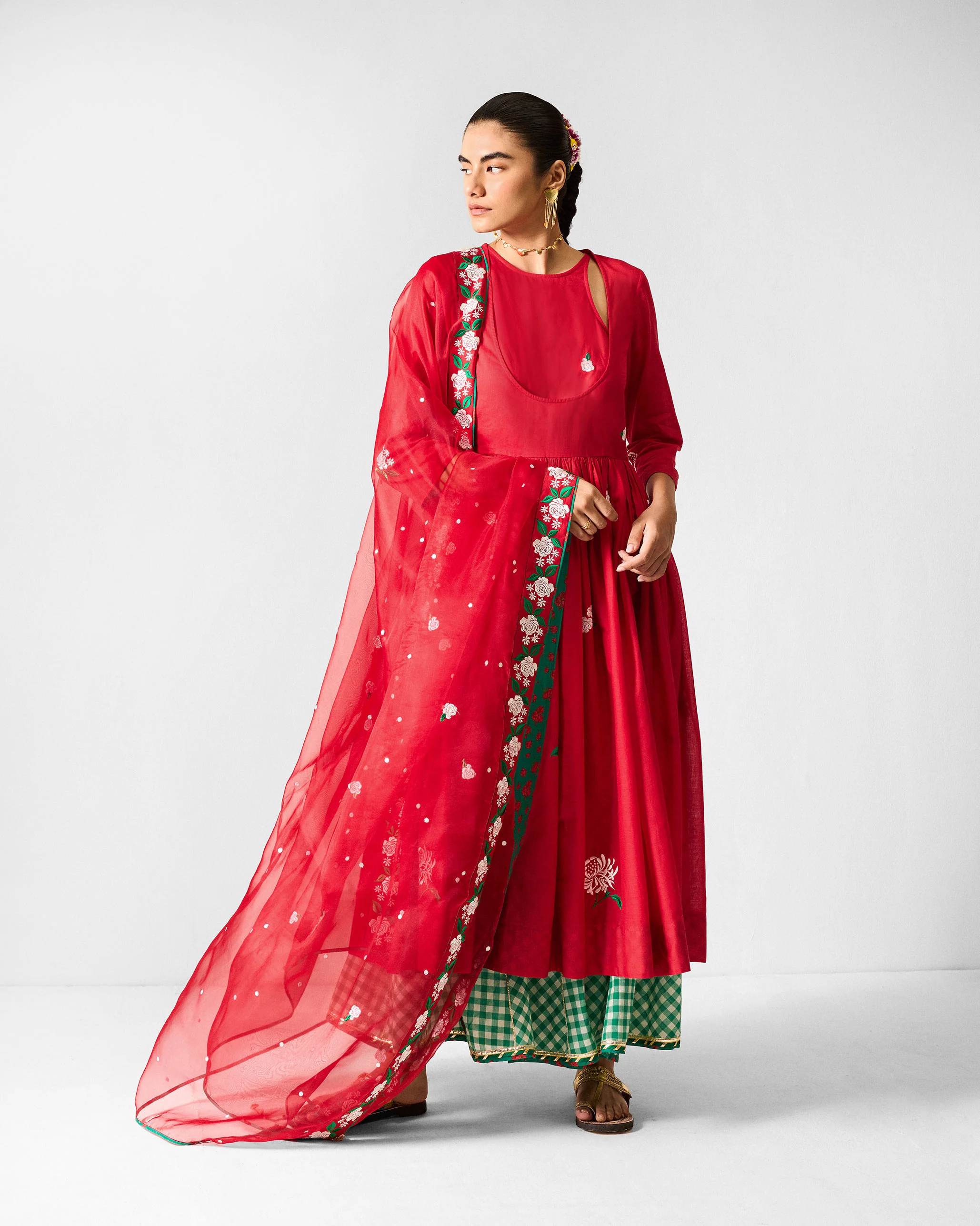 Fit & Flare Angrakha - Red & Ivory Embroidered - Image 6