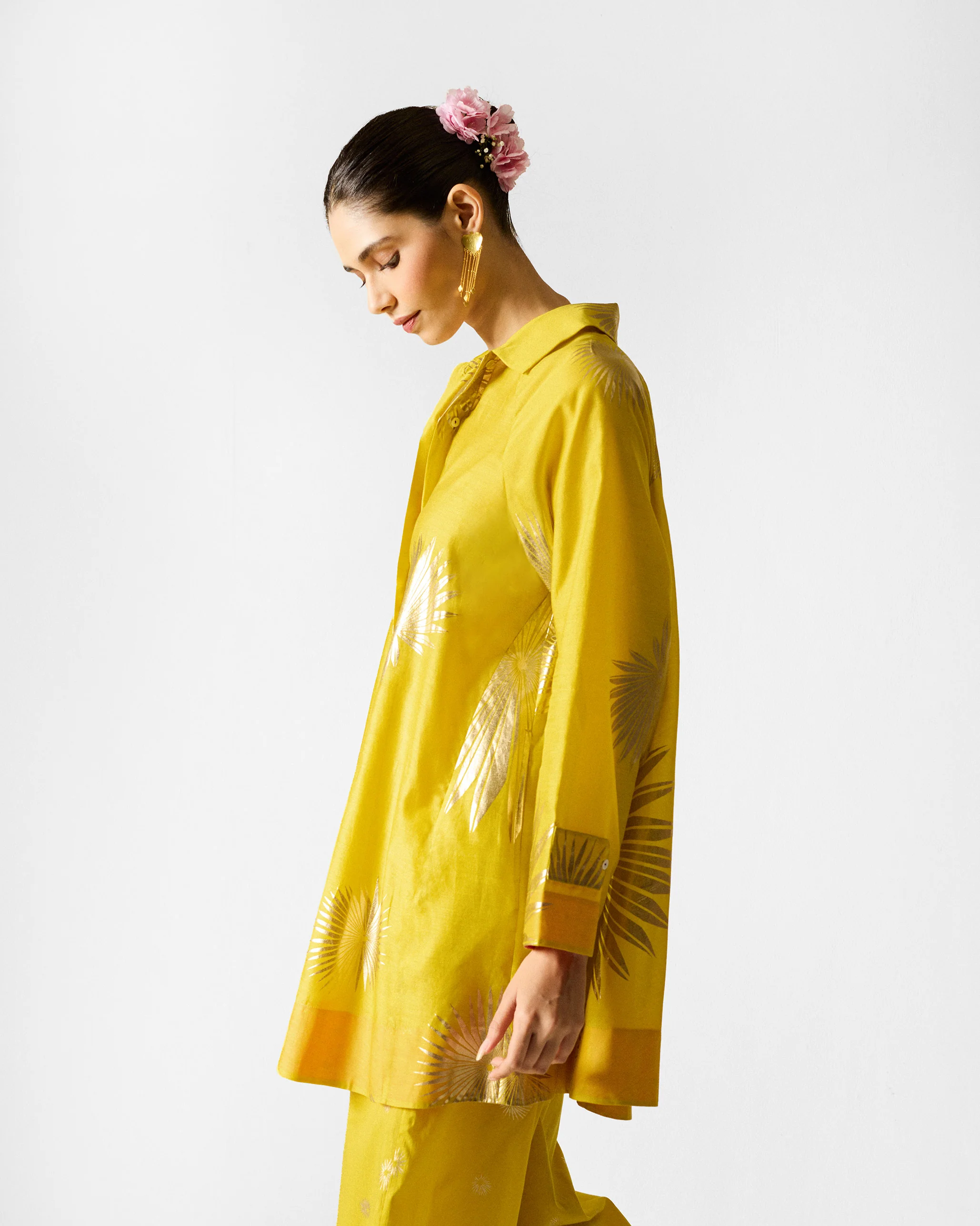 Flare Panelled Shirt - Chartreuse & Gold Printed - Image 3