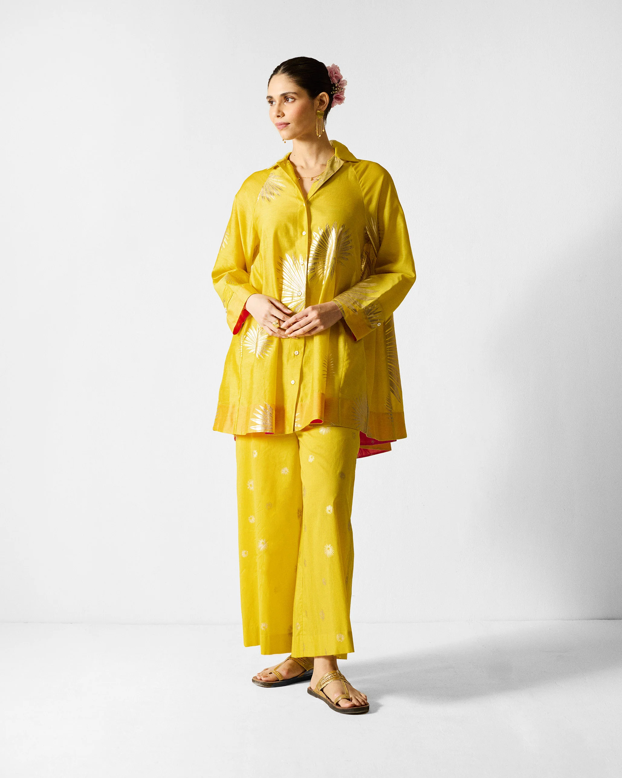 Flare Panelled Shirt - Chartreuse & Gold Printed - Image 5