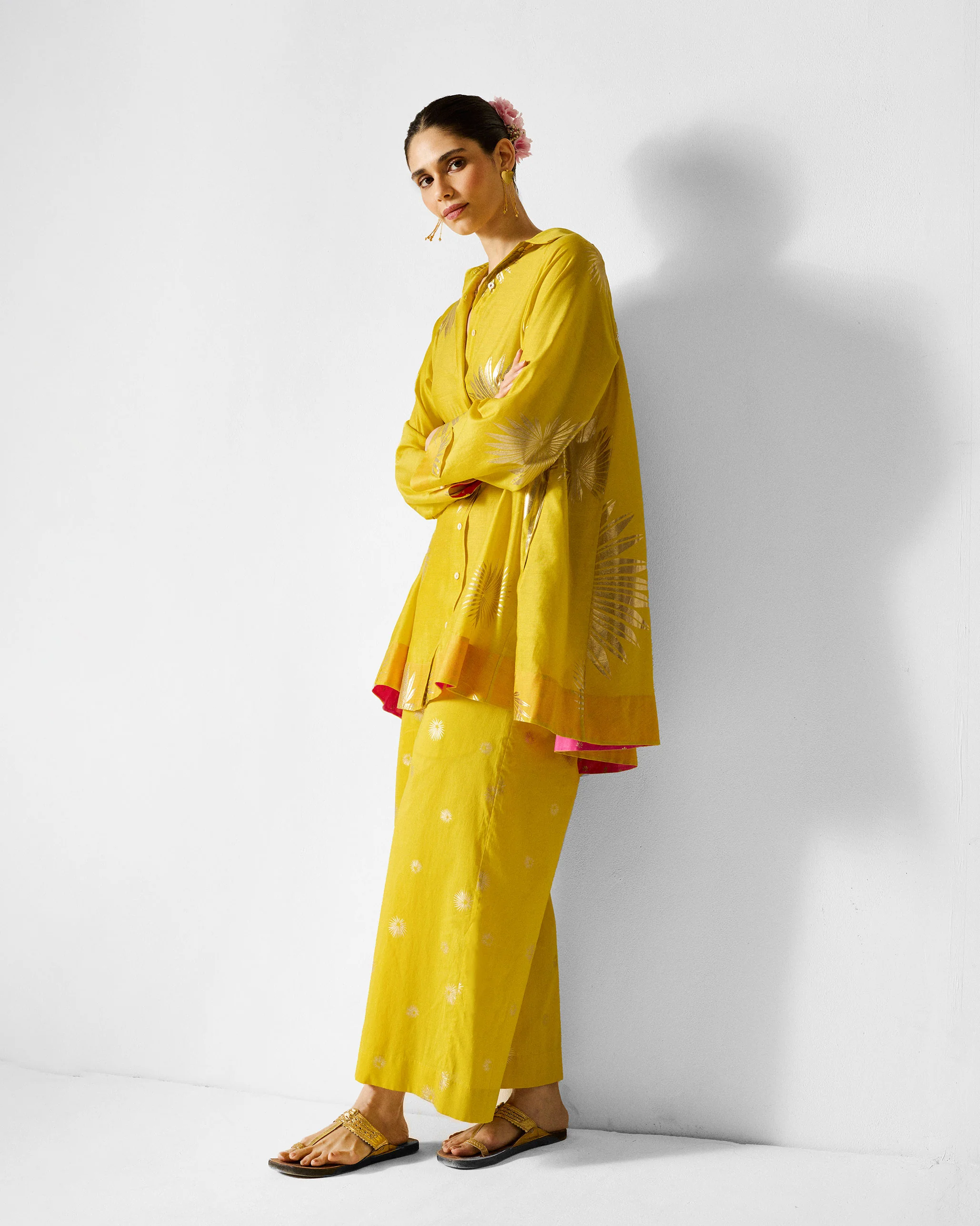 Flare Panelled Shirt - Chartreuse & Gold Printed - Image 6