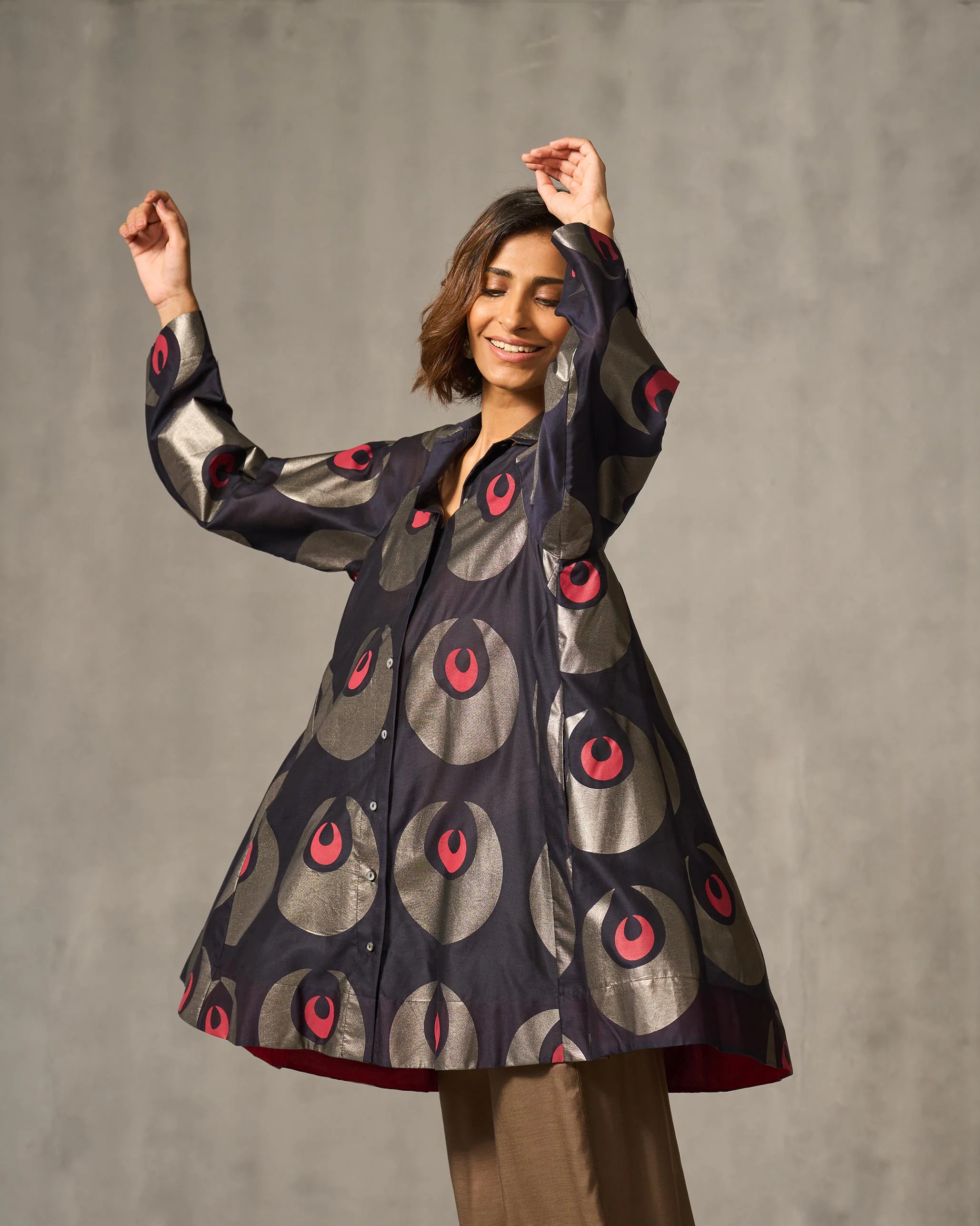 Flare Panelled Shirt - Navy & Foil Print - Image 2