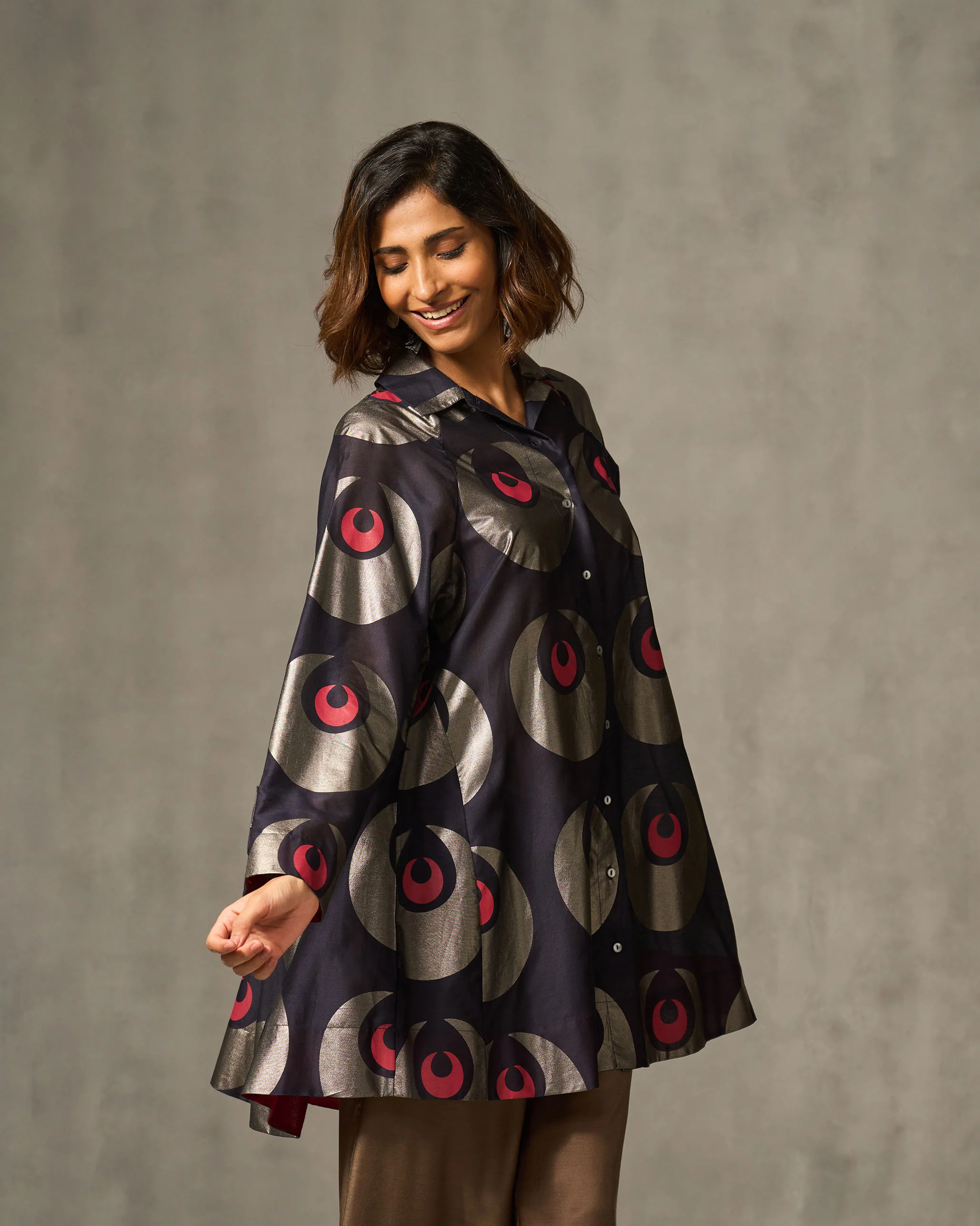 Flare Panelled Shirt - Navy & Foil Print - Image 4
