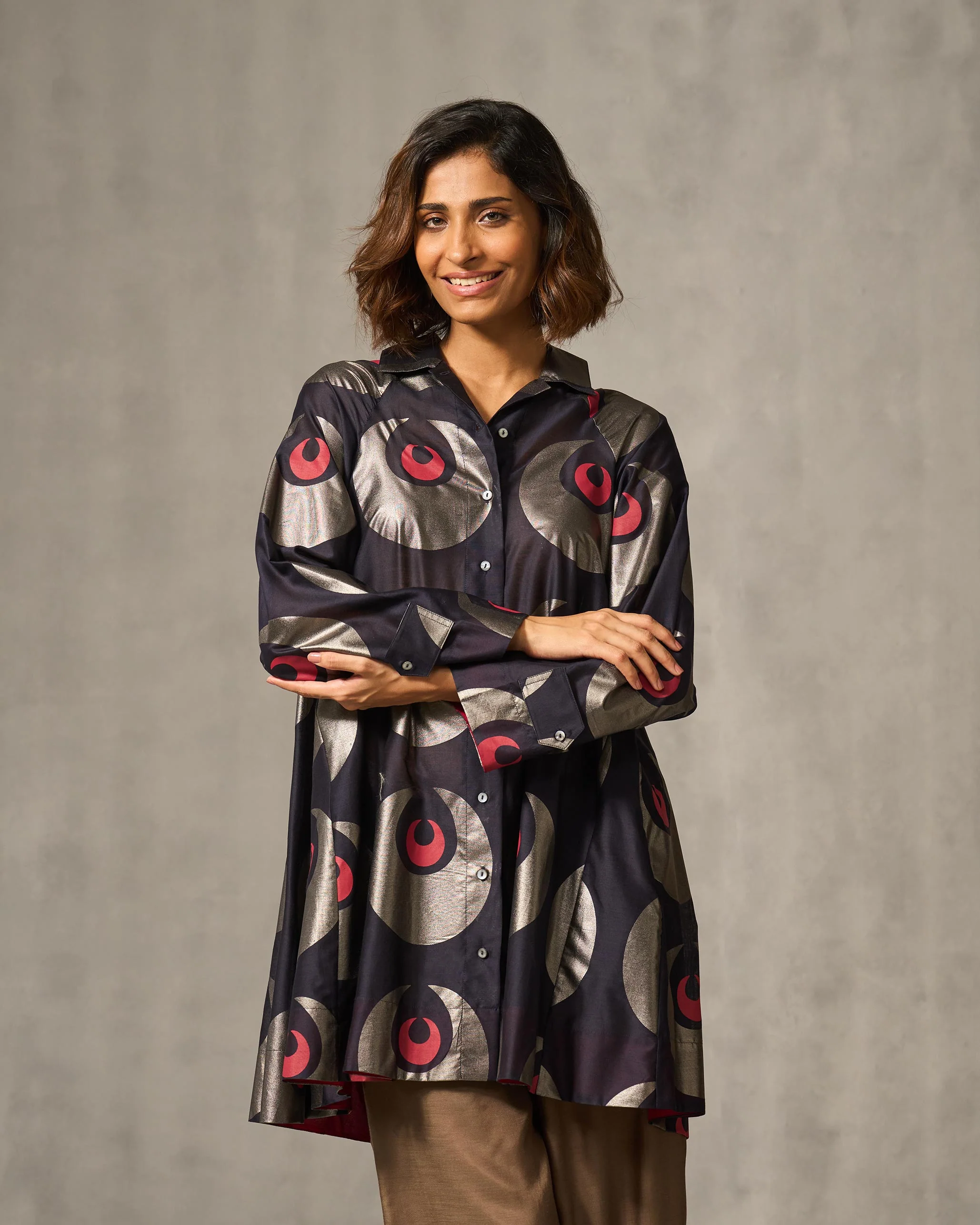 Flare Panelled Shirt - Navy & Foil Print - Image 5