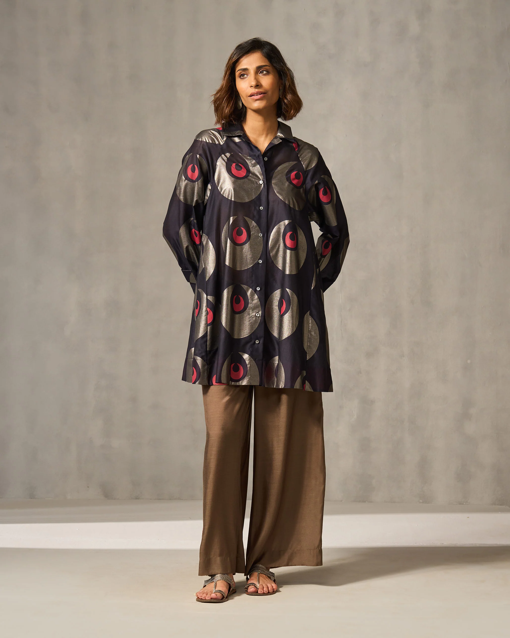 Flare Panelled Shirt - Navy & Foil Print - Image 7