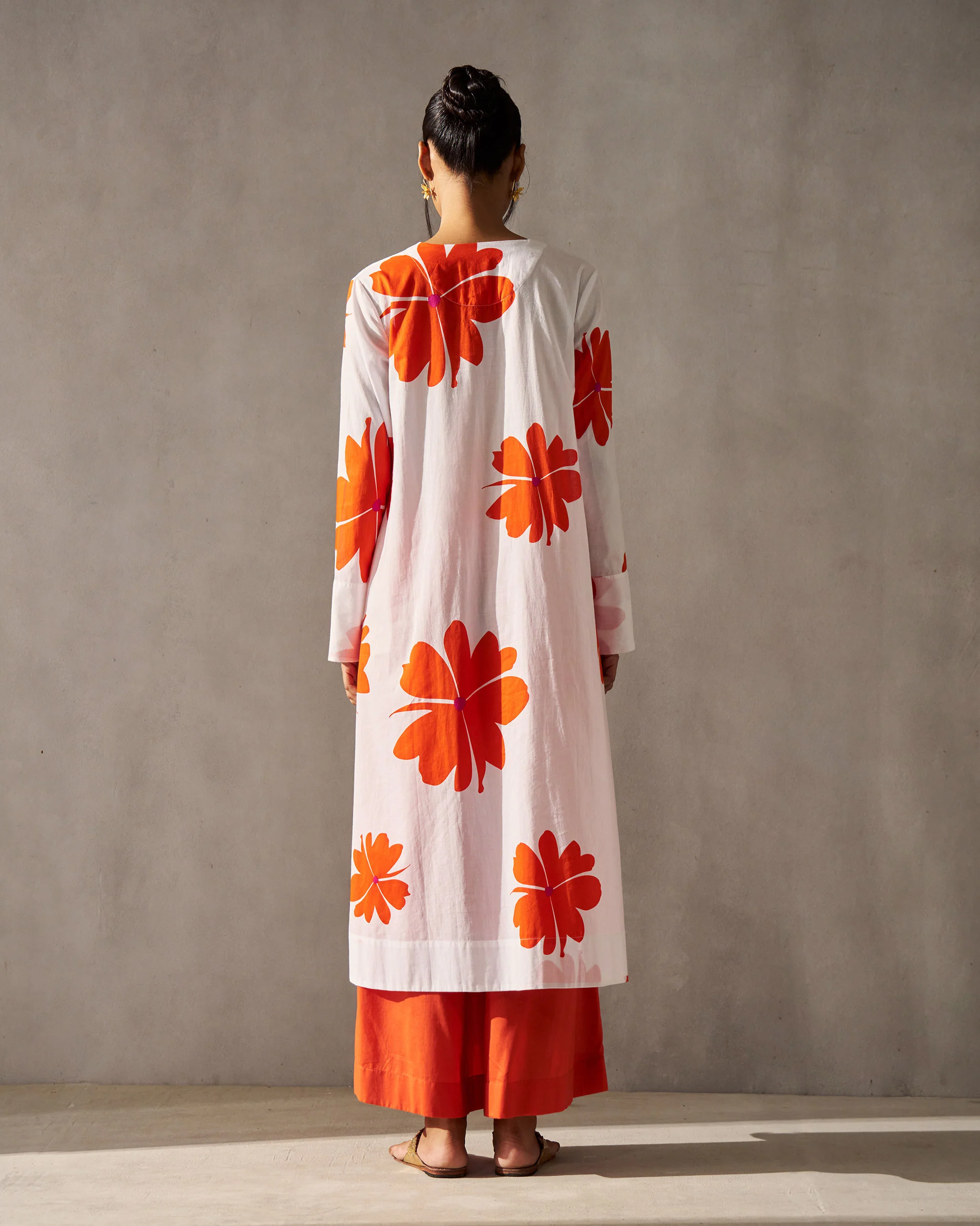 Flared V-neck Kurta - White & Orange - Image 4