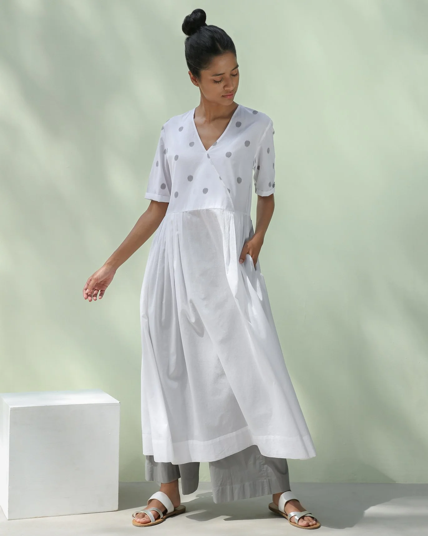 Front Overlap Yoke Kurta - Grey Ikat - Image 5