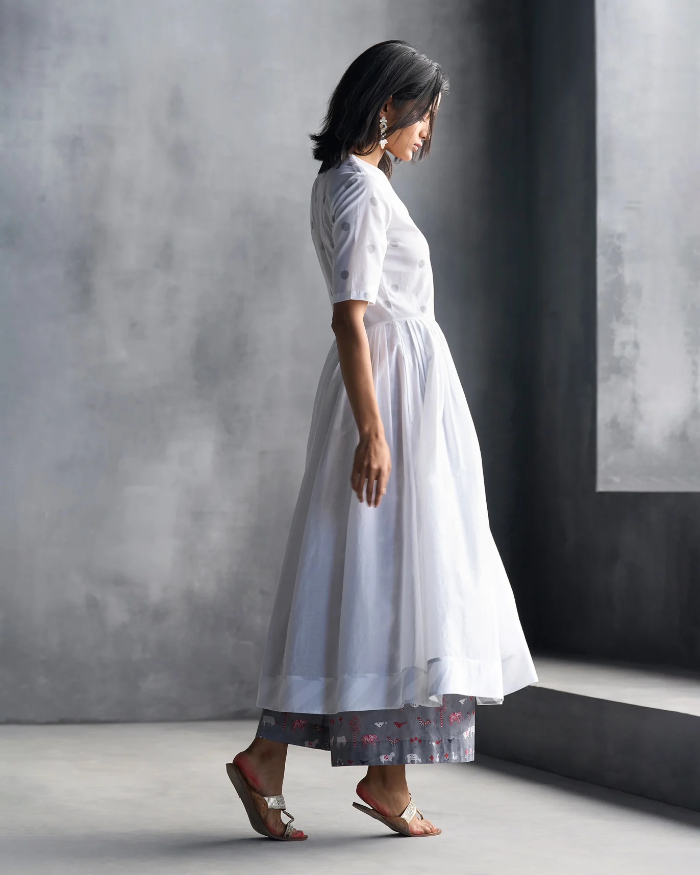 Front Overlap Yoke Kurta - White & Grey - Image 3