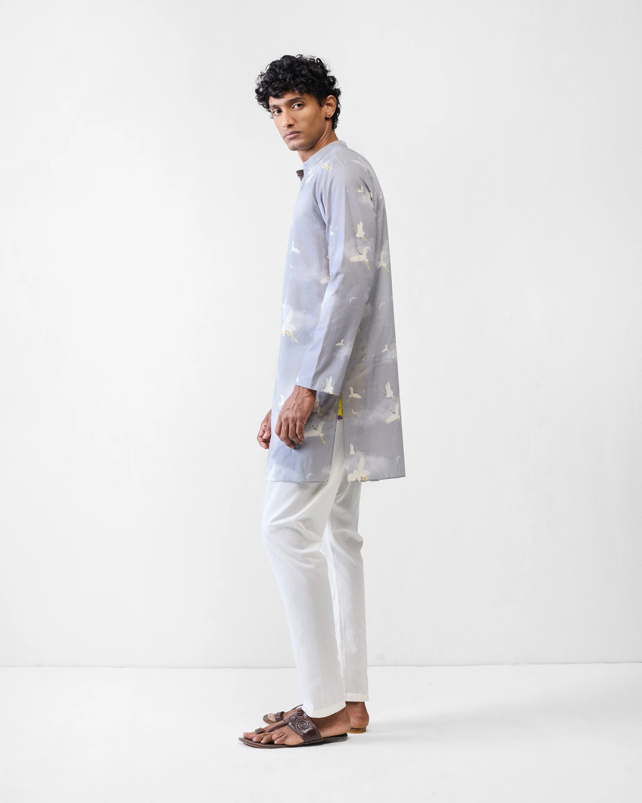 Front Pleat Kurta - Light Grey Printed - Image 3