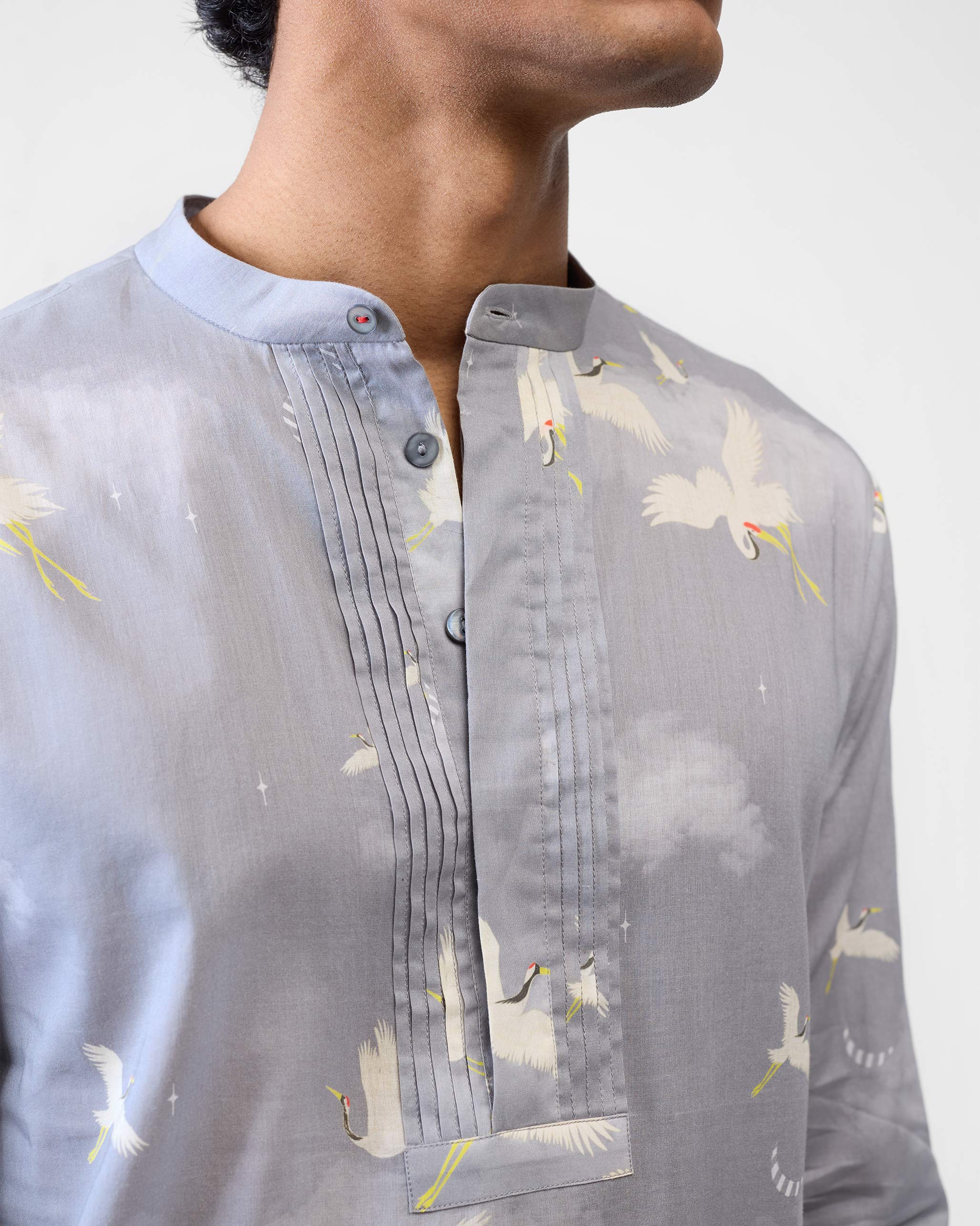 Front Pleat Kurta - Light Grey Printed - Image 4