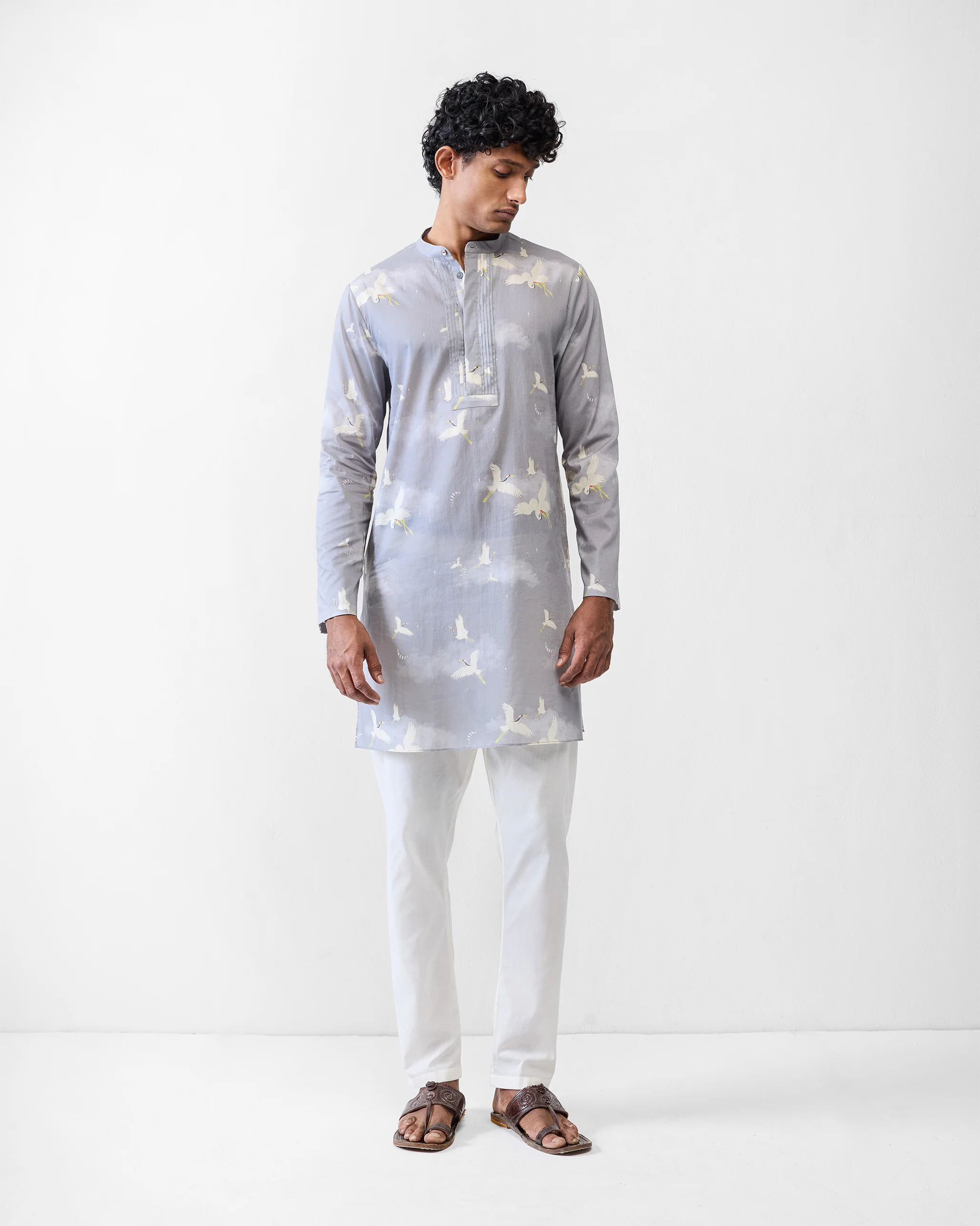 Front Pleat Kurta - Light Grey Printed - Image 6