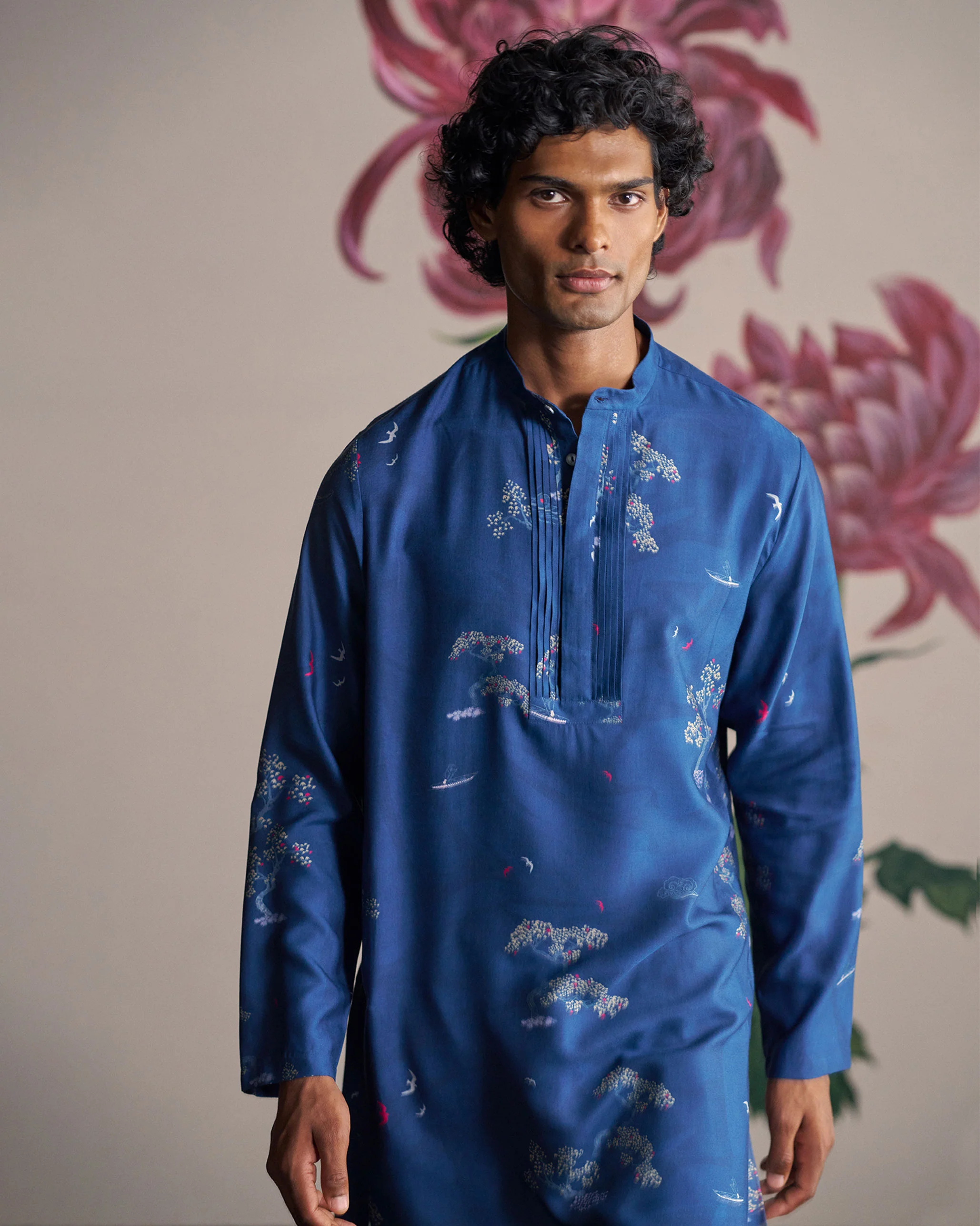 Front Pleat Kurta - Navy & Grey Printed - Image 2