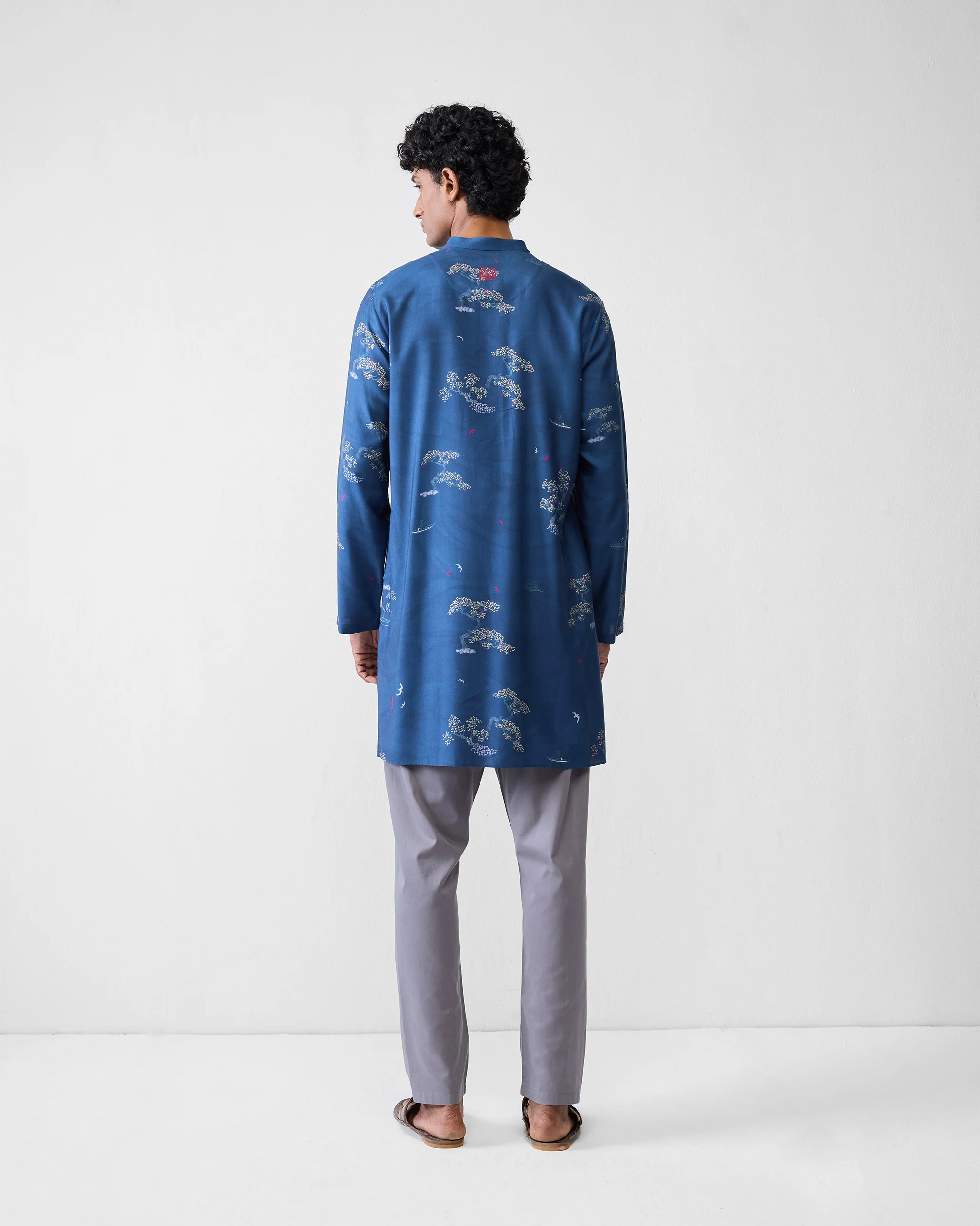 Front Pleat Kurta - Navy & Grey Printed - Image 3