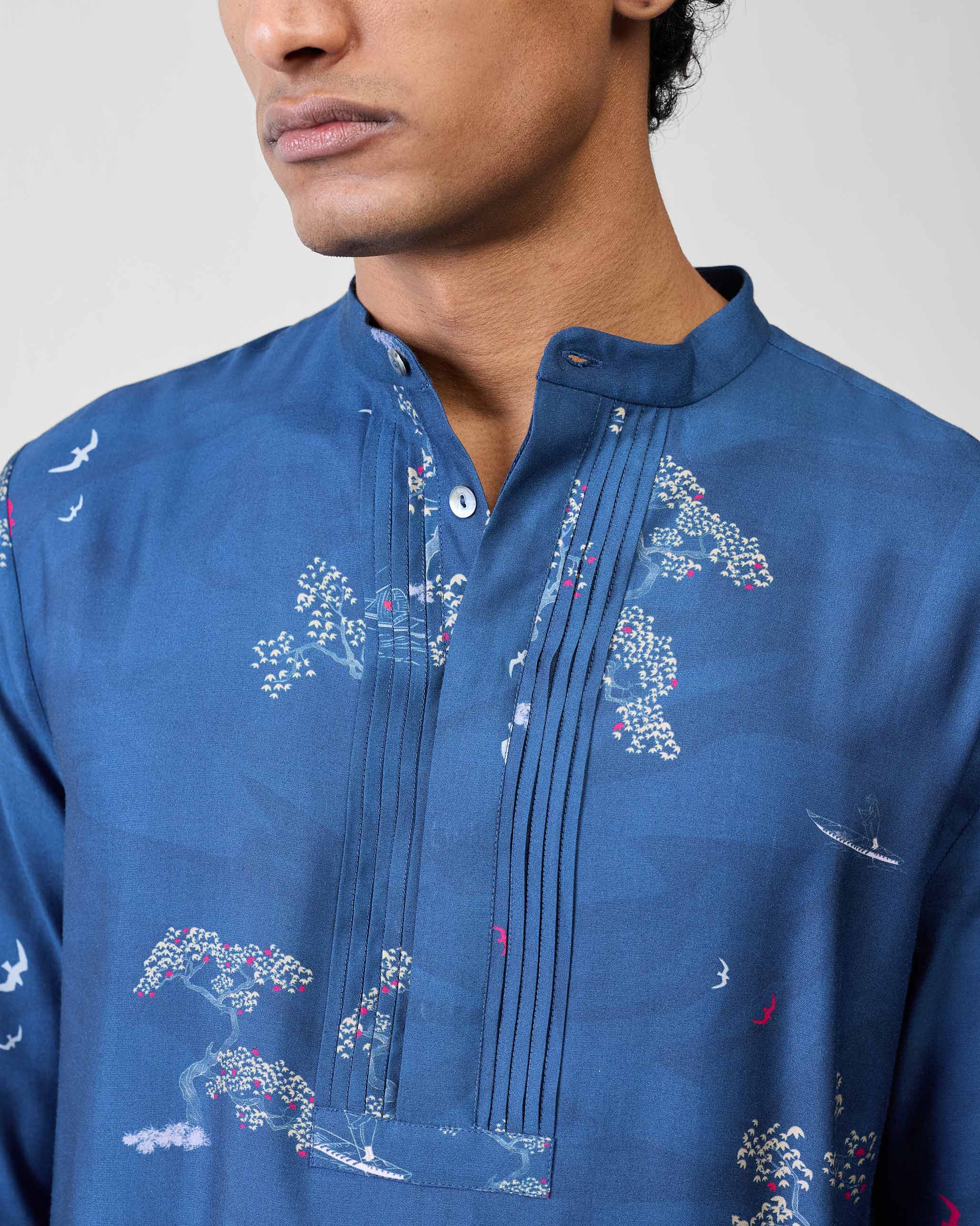 Front Pleat Kurta - Navy & Grey Printed - Image 4
