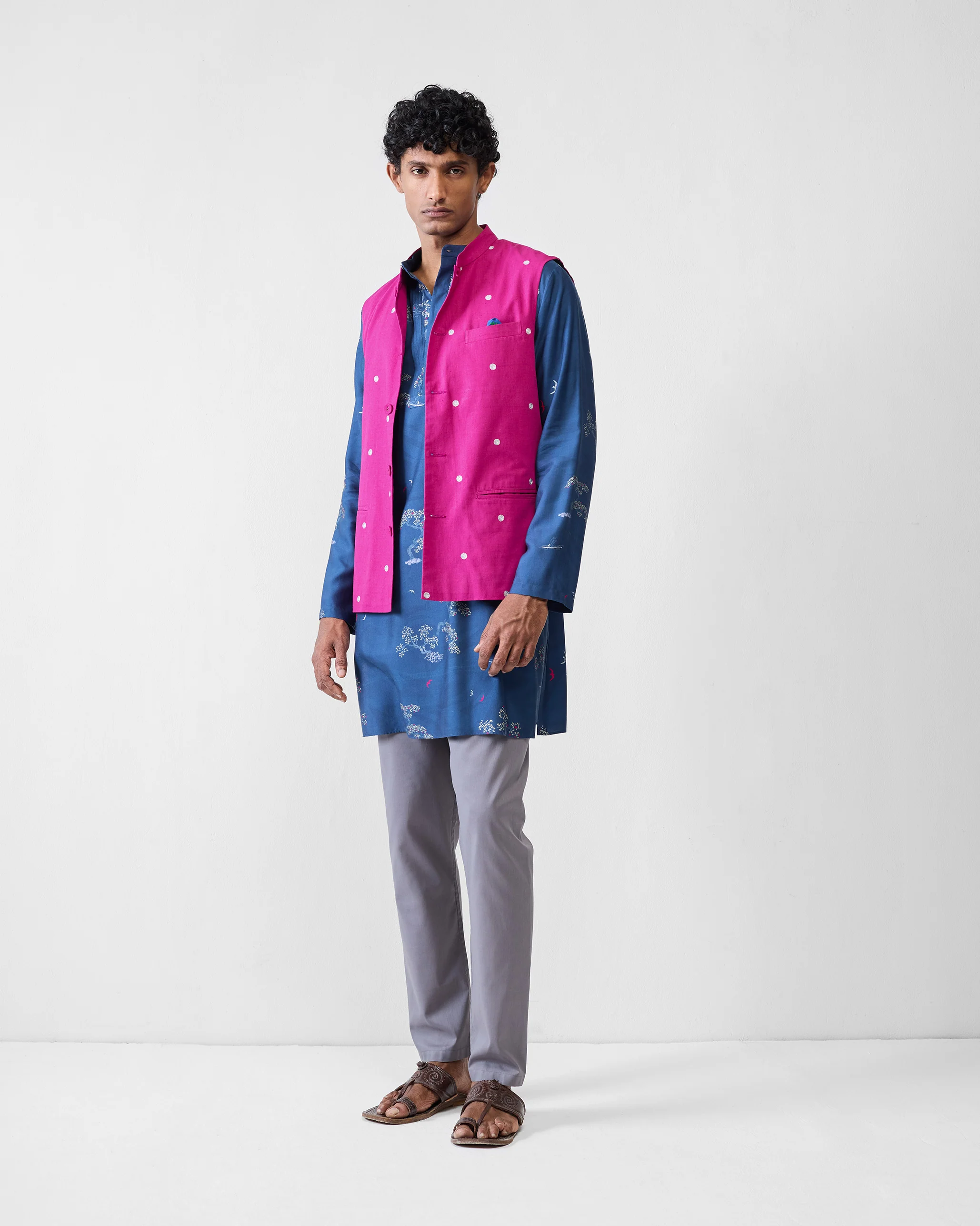 Front Pleat Kurta - Navy & Grey Printed - Image 7