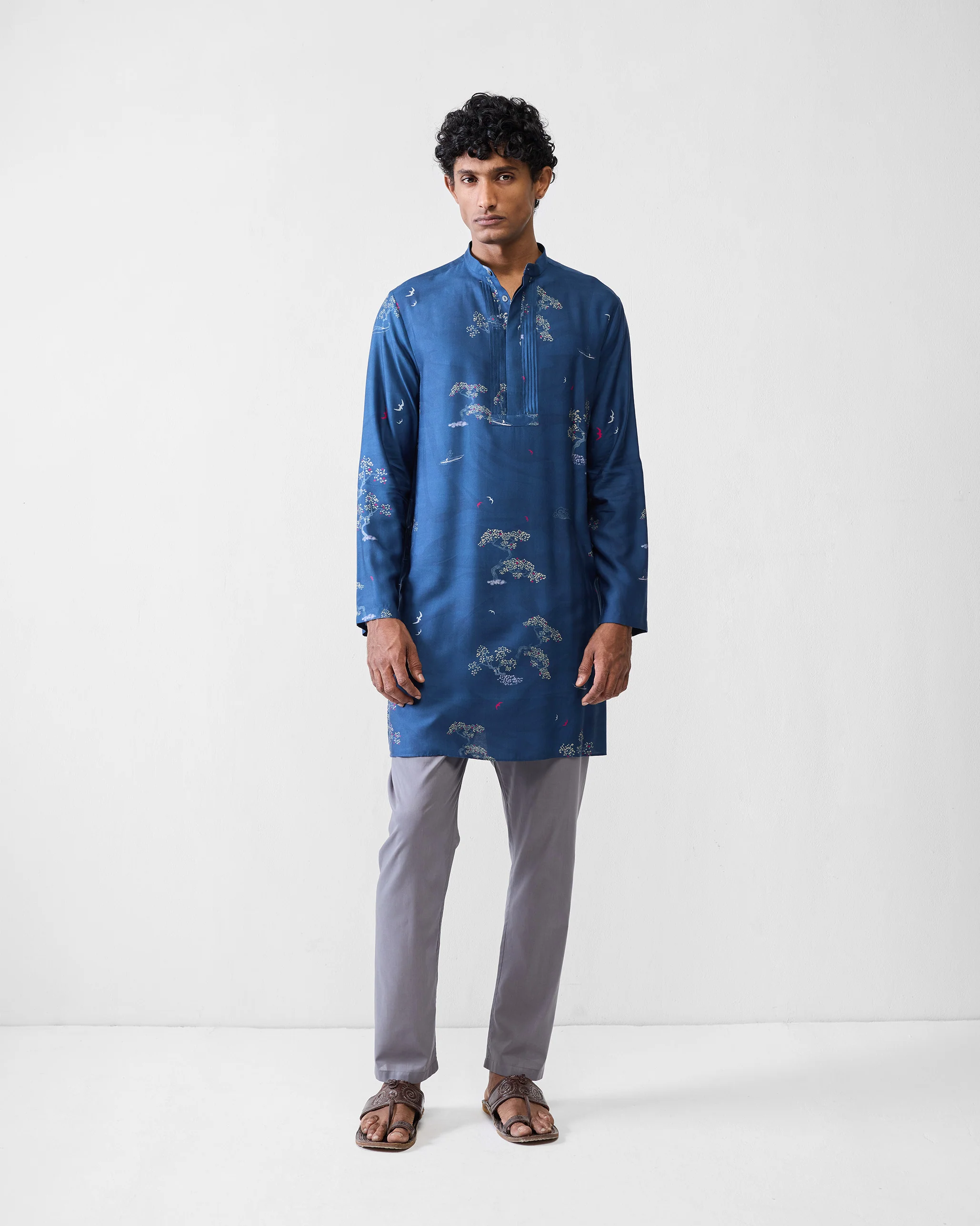 Front Pleat Kurta - Navy & Grey Printed - Image 8