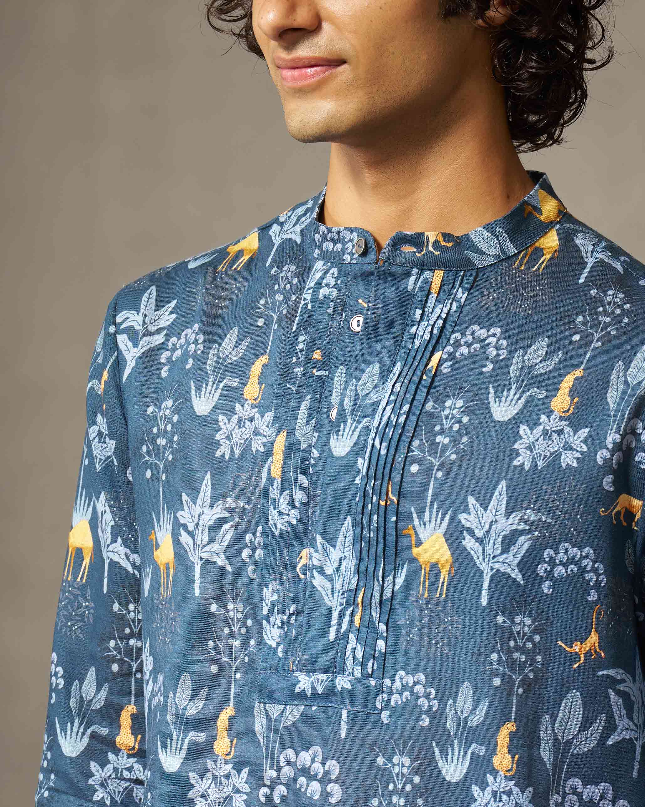 Front Pleat Kurta - Navy Print - Image 2