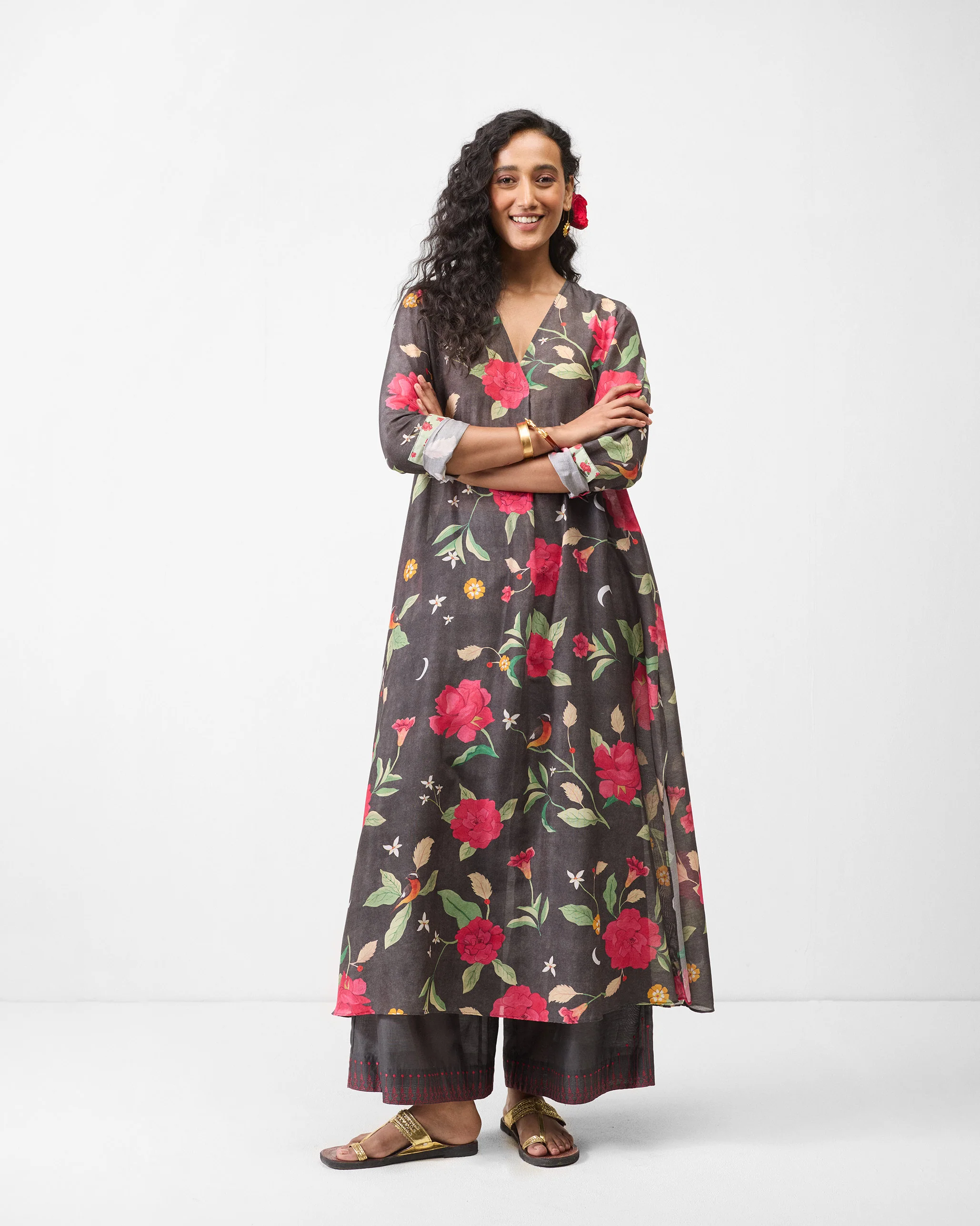 Front Pleated Kurta - Charcoal & Watermelon Print - Image 2