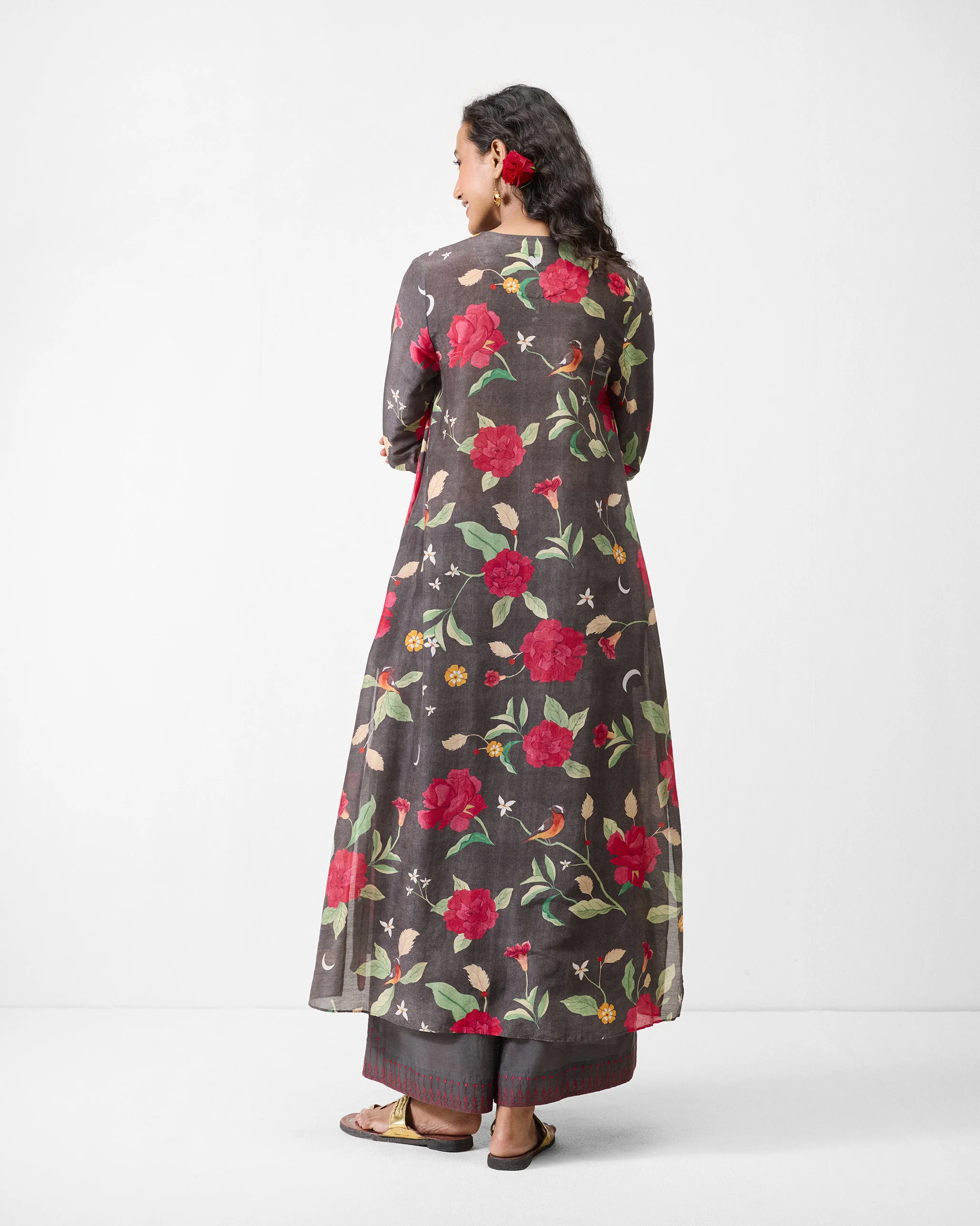 Front Pleated Kurta - Charcoal & Watermelon Print - Image 3