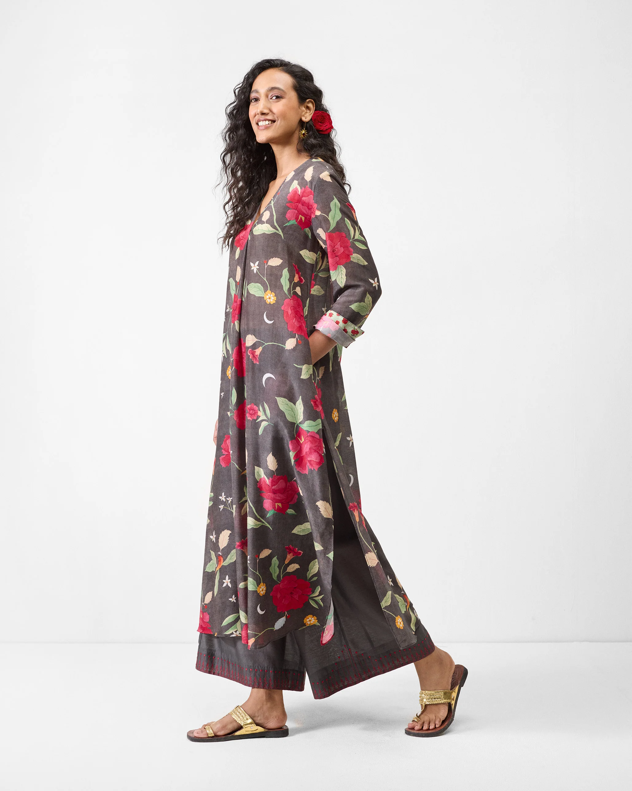 Front Pleated Kurta - Charcoal & Watermelon Print - Image 4