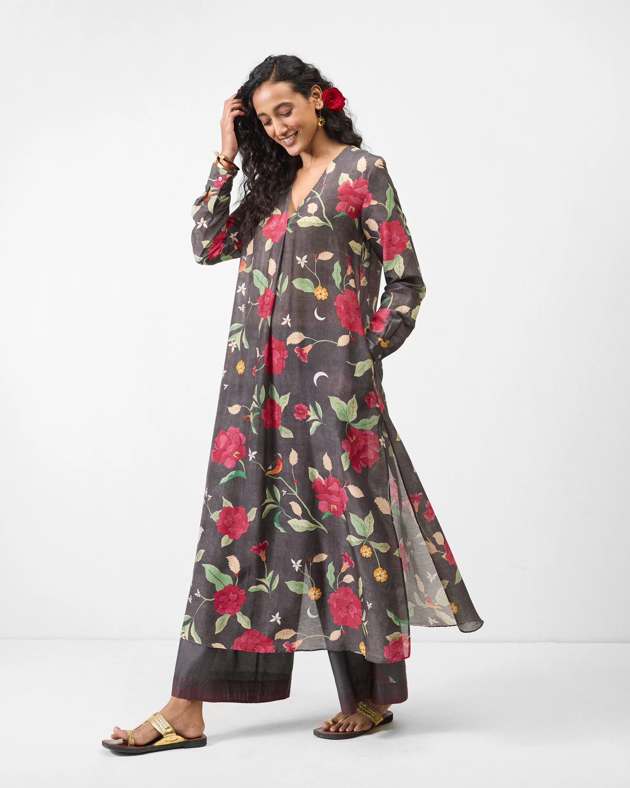Front Pleated Kurta - Charcoal & Watermelon Print - Image 5