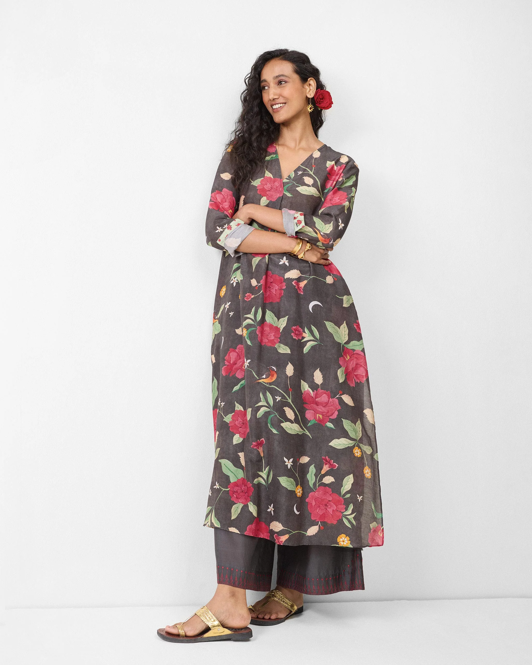 Front Pleated Kurta - Charcoal & Watermelon Print - Image 7