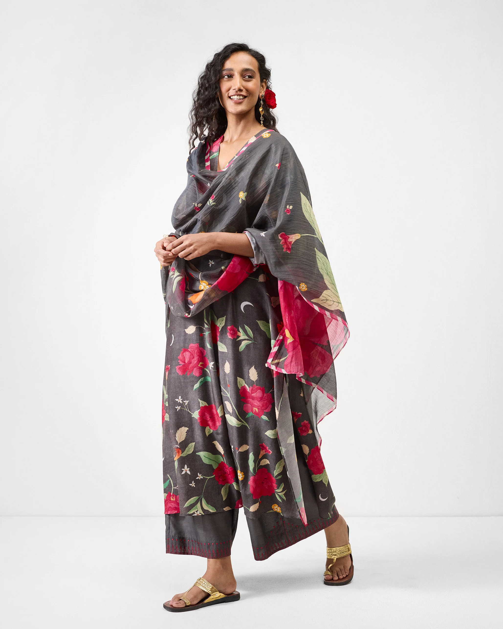 Front Pleated Kurta - Charcoal & Watermelon Print - Image 8