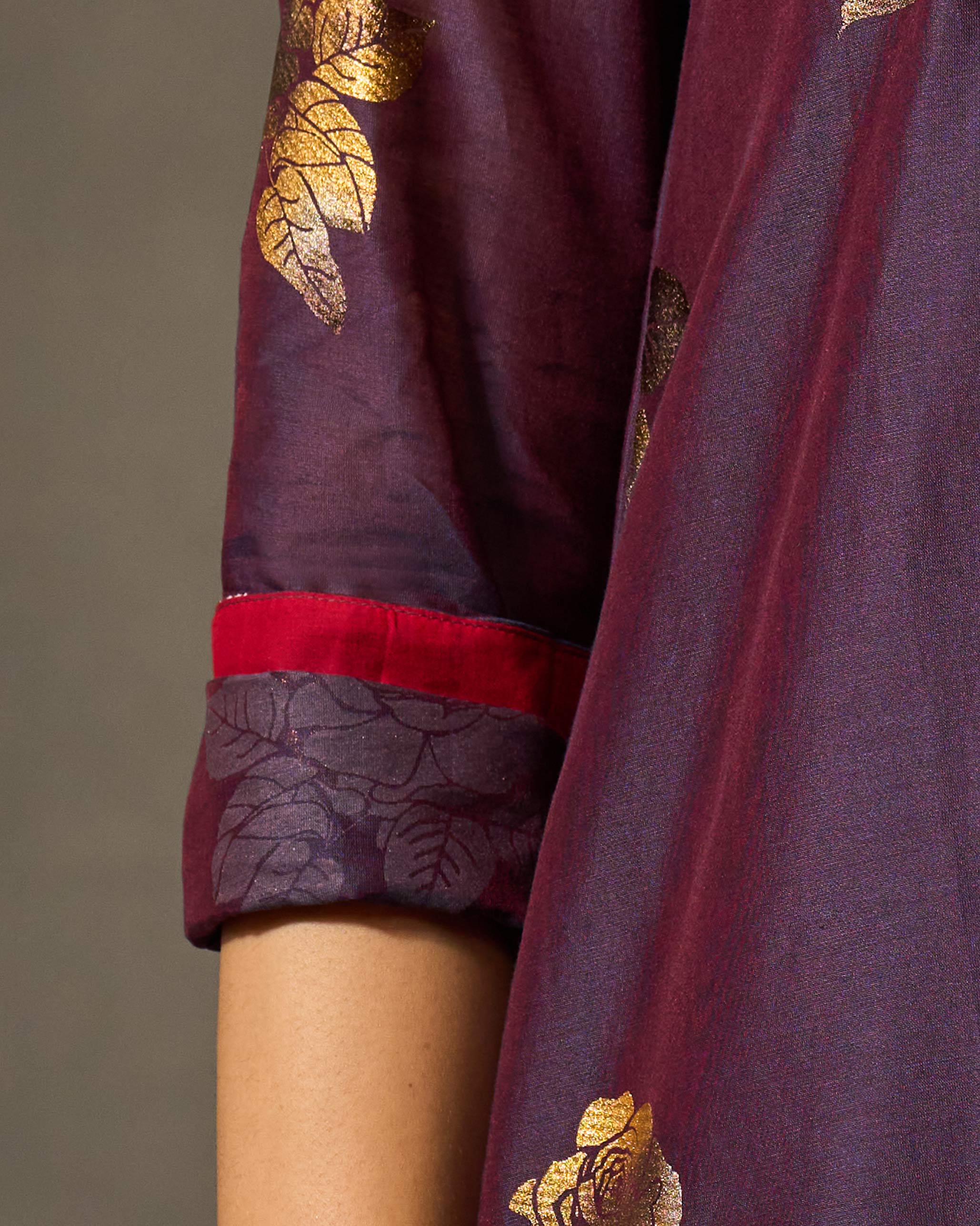 Front Pleated Kurta & Slip - Purple & Gold Print - Image 2