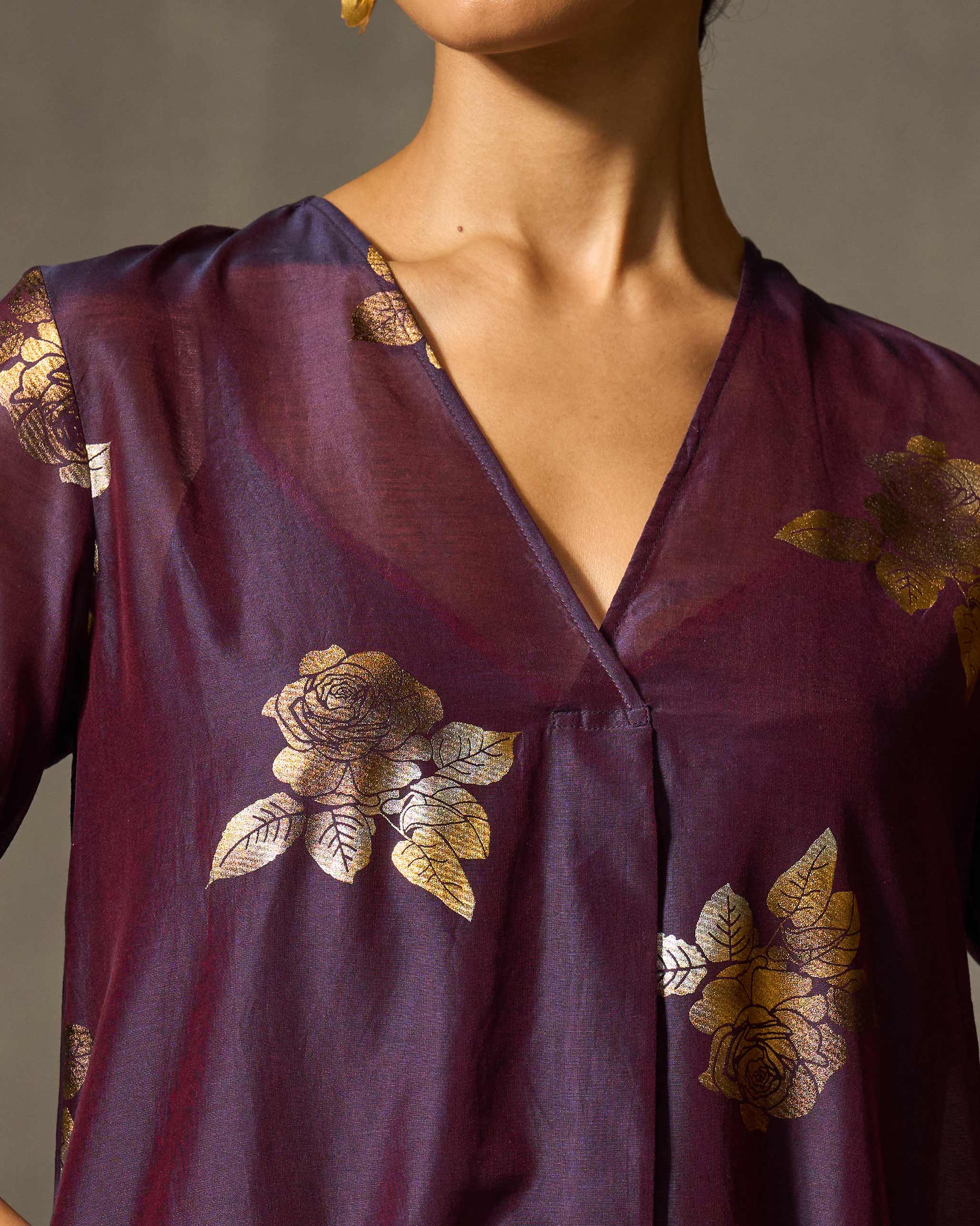 Front Pleated Kurta & Slip - Purple & Gold Print - Image 3
