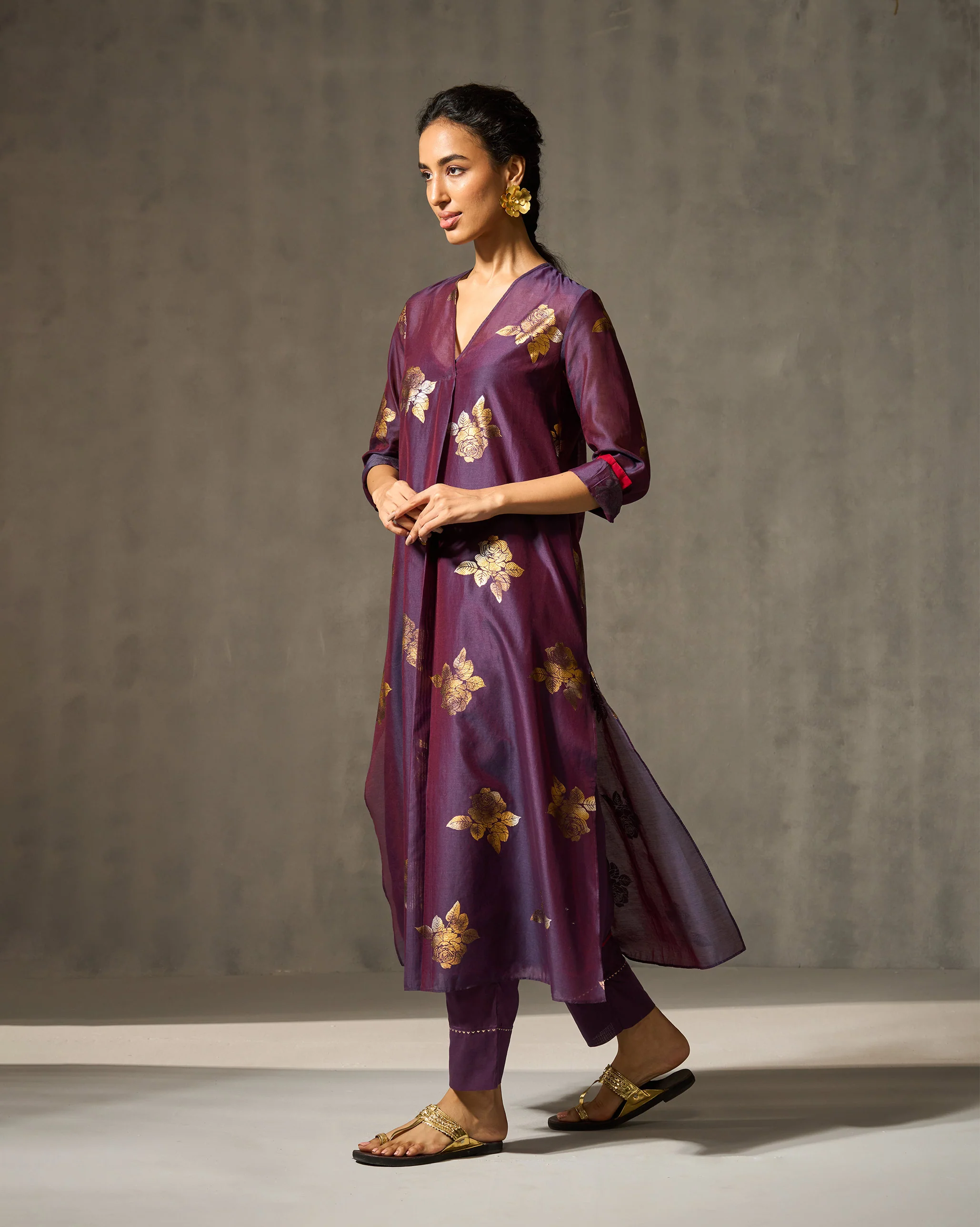 Front Pleated Kurta & Slip - Purple & Gold Print - Image 4