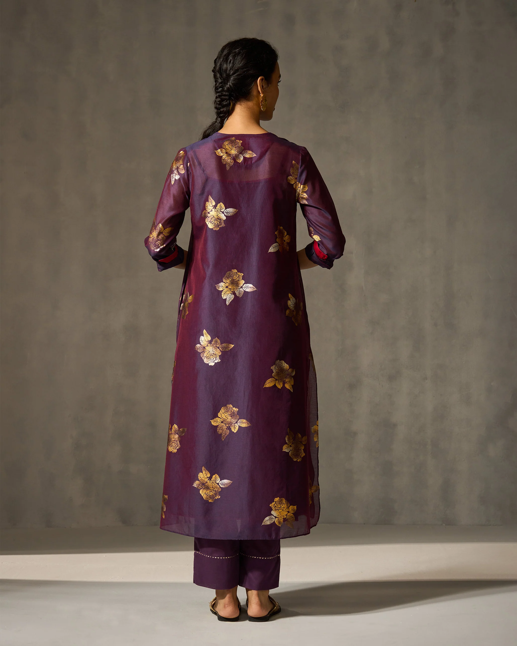 Front Pleated Kurta & Slip - Purple & Gold Print - Image 5