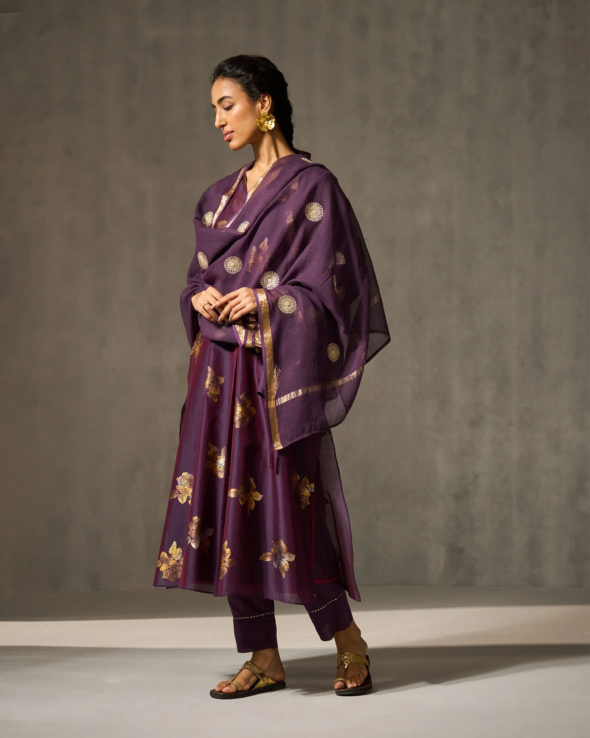 Front Pleated Kurta & Slip - Purple & Gold Print - Image 6